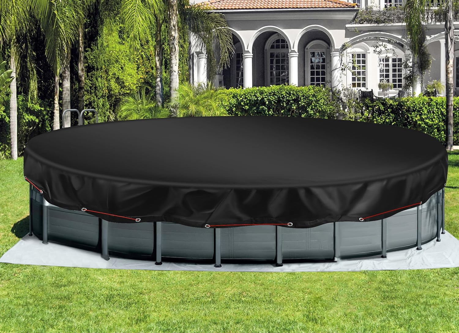 Teruntrue 14Ft Round Pool Cover for Above Ground Pool Cover, Swimming Pool Cover Oxford Fabric Pool Covers with Accessories, Waterproof, Keeps Out Debris, Winter Pool Cover (Black)