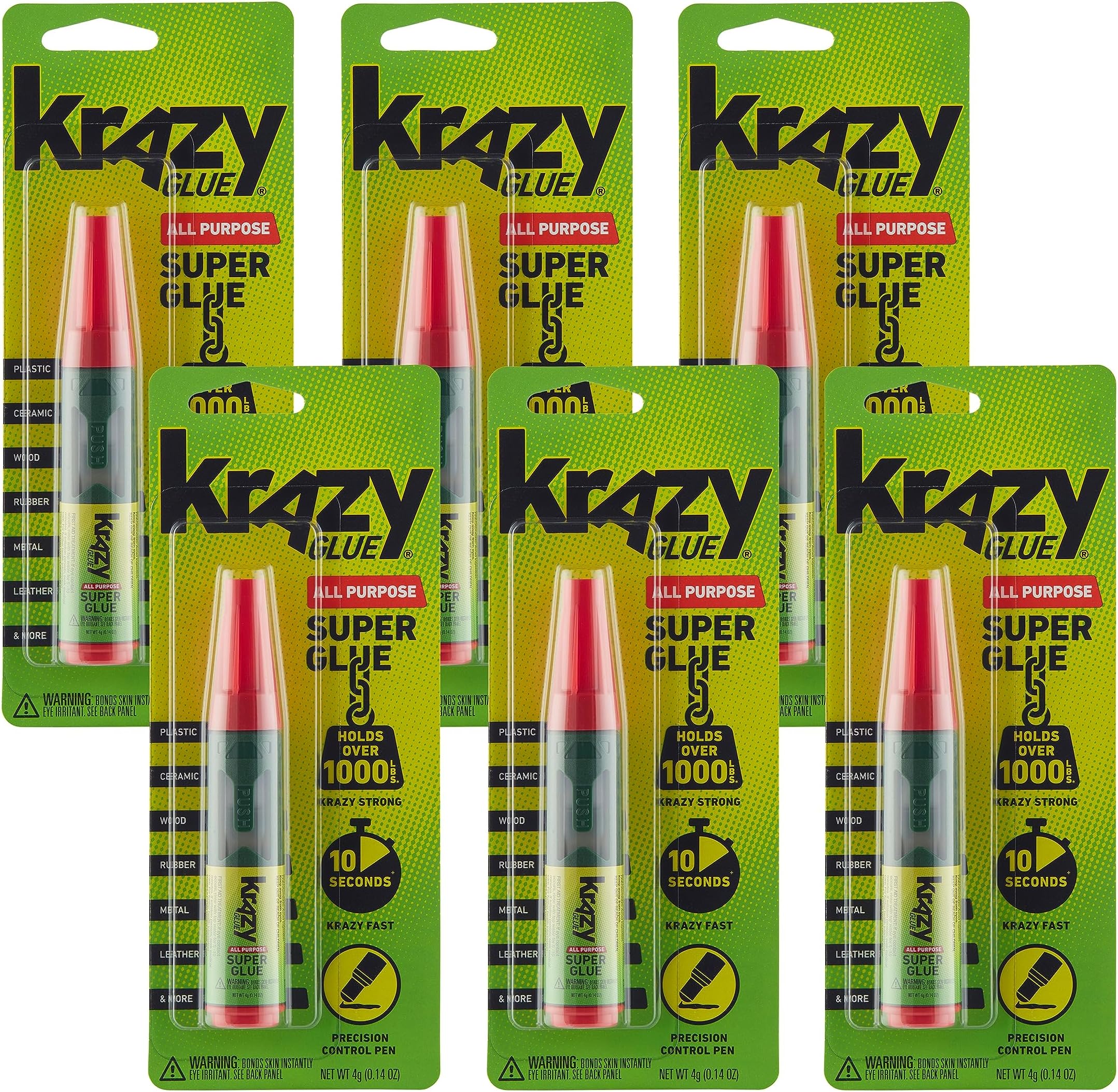 All Purpose Precision Control Superglue Pen (4g), Clear, Fast-Drying Adhesive, One-Drop Applicator for Plastic, Ceramic, Wood, Rubber, Metal, Leather & More (6 Pack)