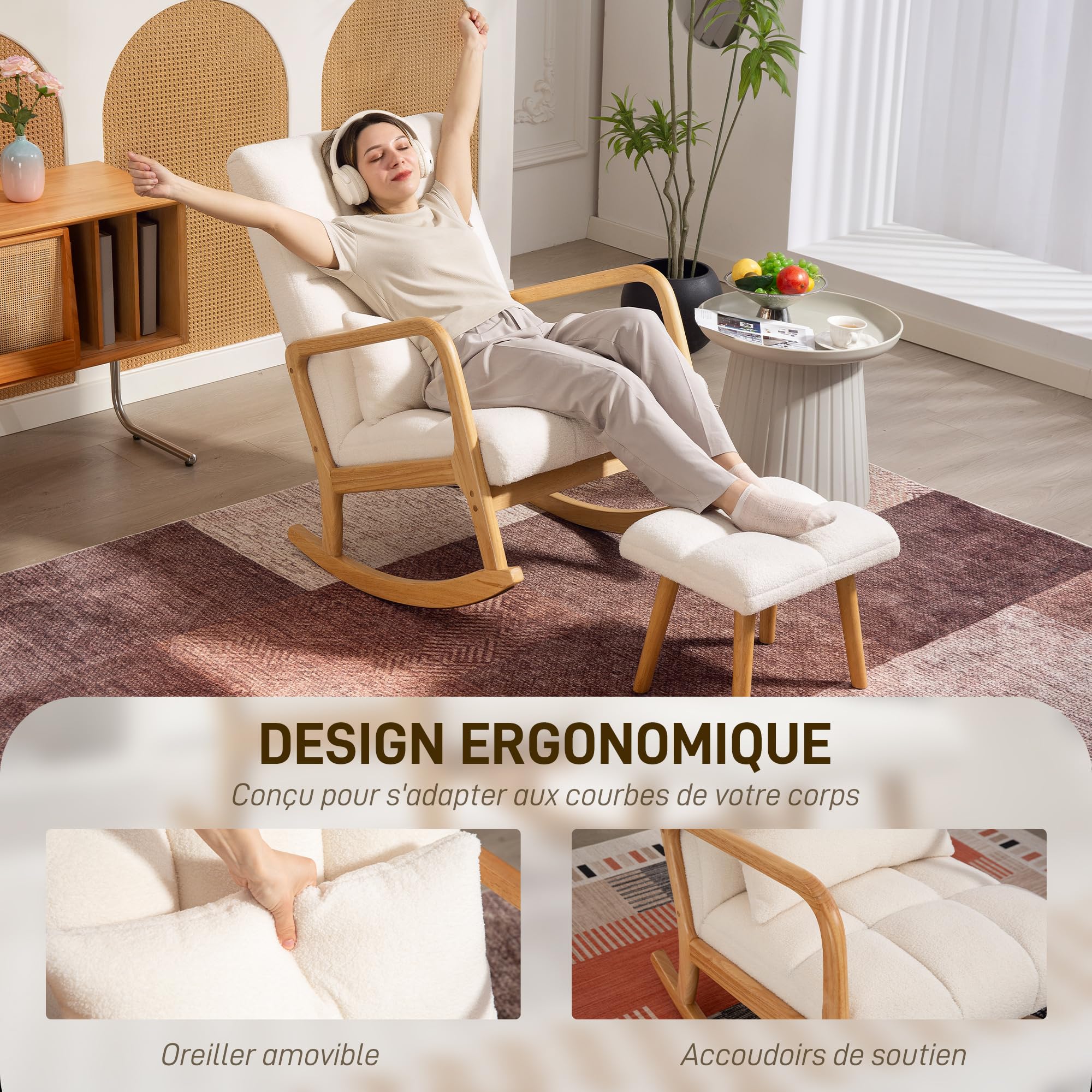 HOMCOM Fauteuil à Bascule avec Repose-Pieds, Rocking Chair en Tissu Bouclette, Assise Large, Pieds en Bois, Coussin Inclus, Chaise à Bascule pour Salon, Chambre, Balcon, Blanc