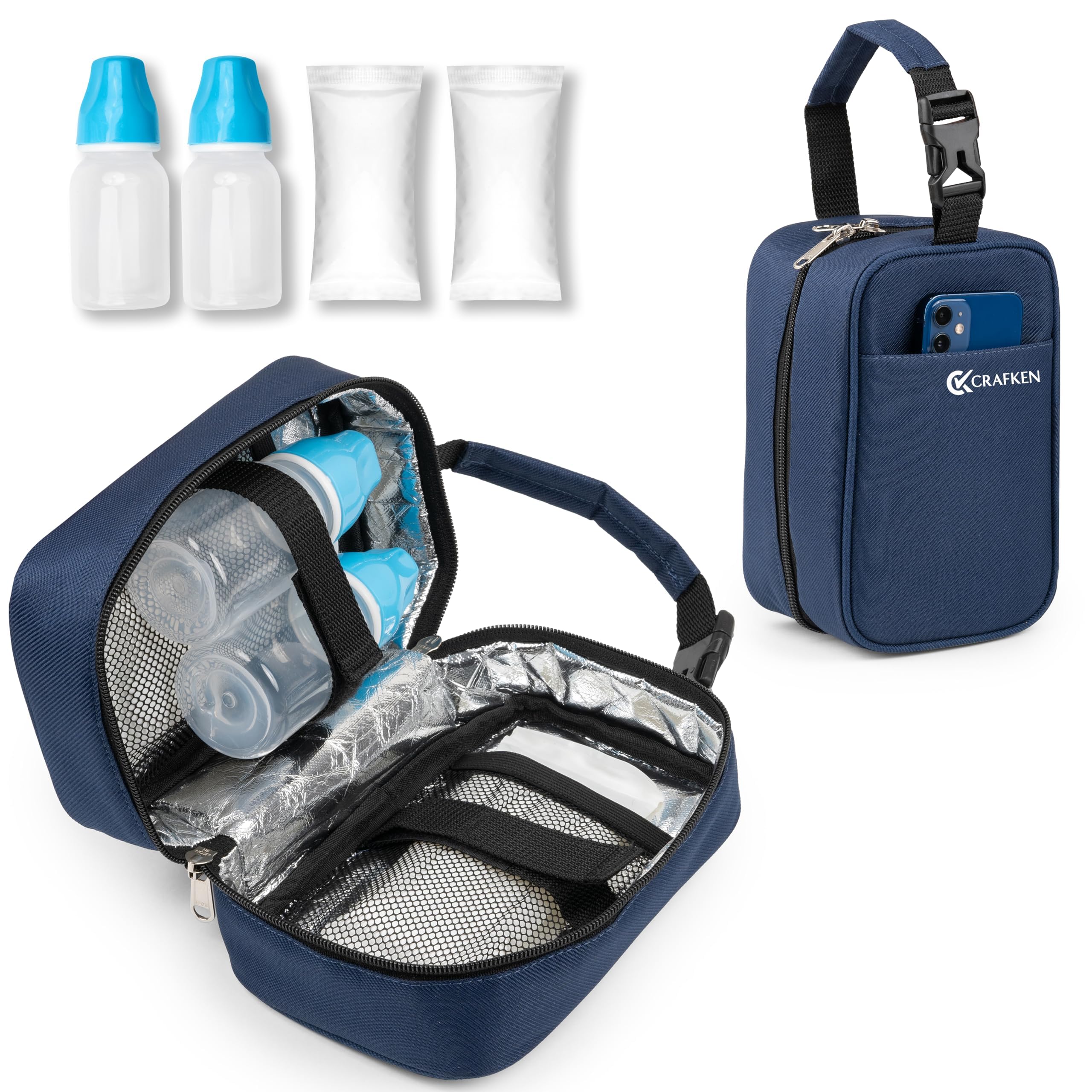 CRAFKEN Breast Milk Storage Bag - 100% Silver Insulated With 2 Ice Gel, Keeps Food & Milk Fresh for 6-8 Hours (Sapphire Blue)