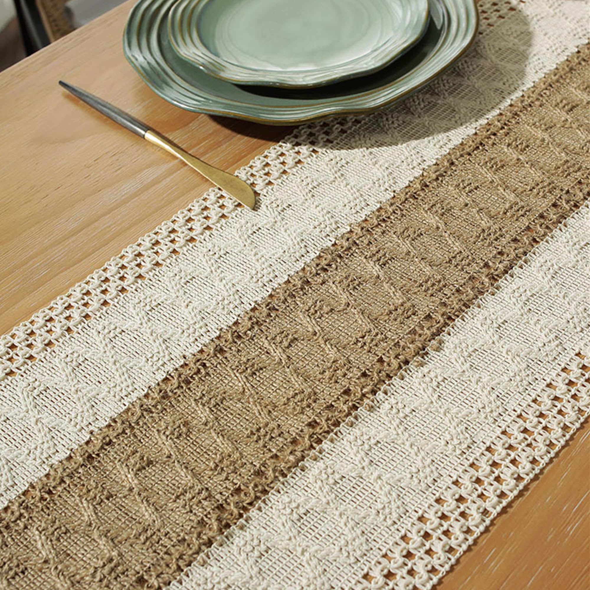 Alynsehom Chemin De Table En Macramé De Style Bohème Avec Pompons Tissés à La Main En Coton Et Toile De Jute – Chemin De Table Rustique Pour Cuisine, Salle à Manger (30,5