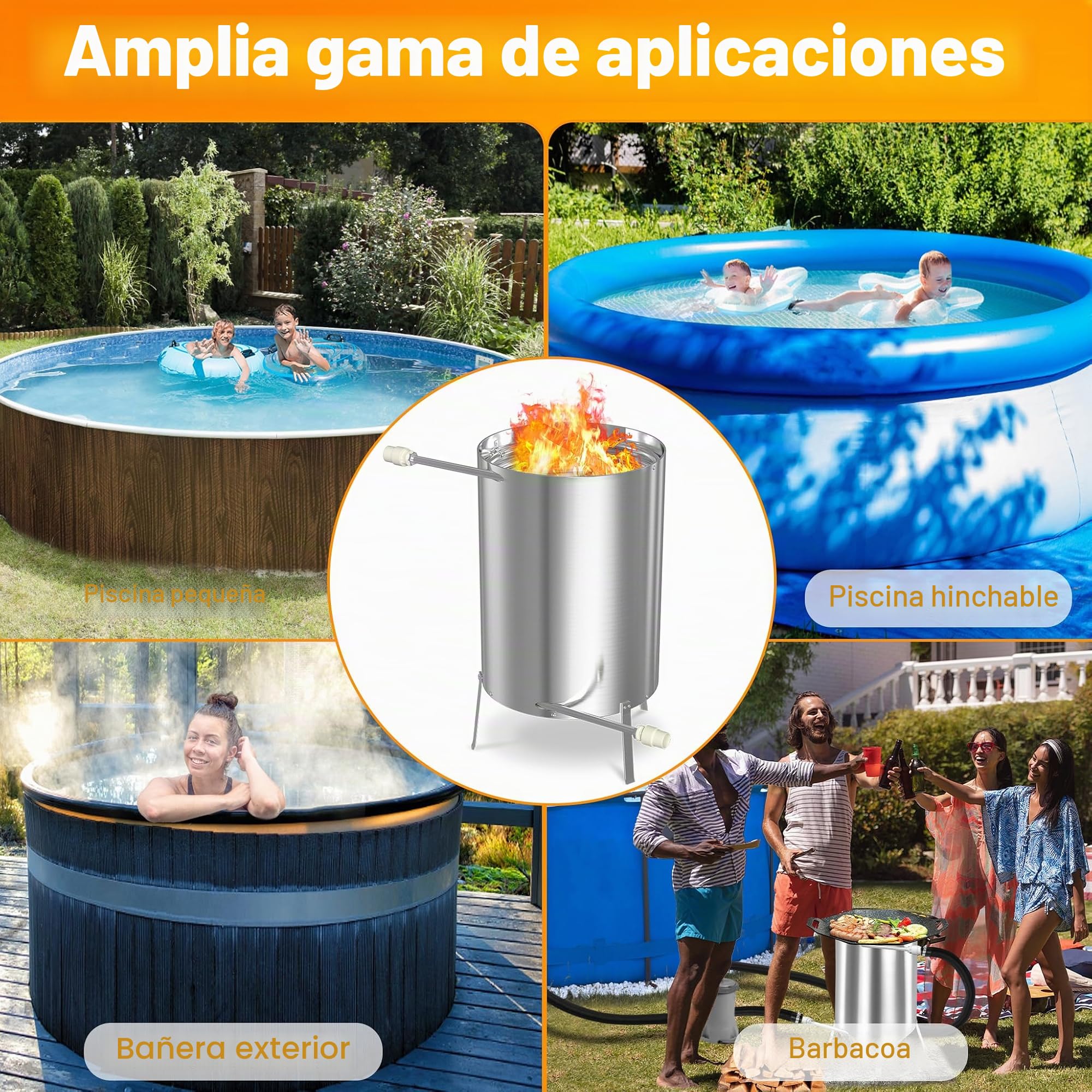 UISEBRT Calefacción para piscina con fuego Calentador de piscina Barrica de fuego de madera con espiral de calentamiento Ø 32/38 mm Conexión, calefactores de piscina Fabricados en 100% acero