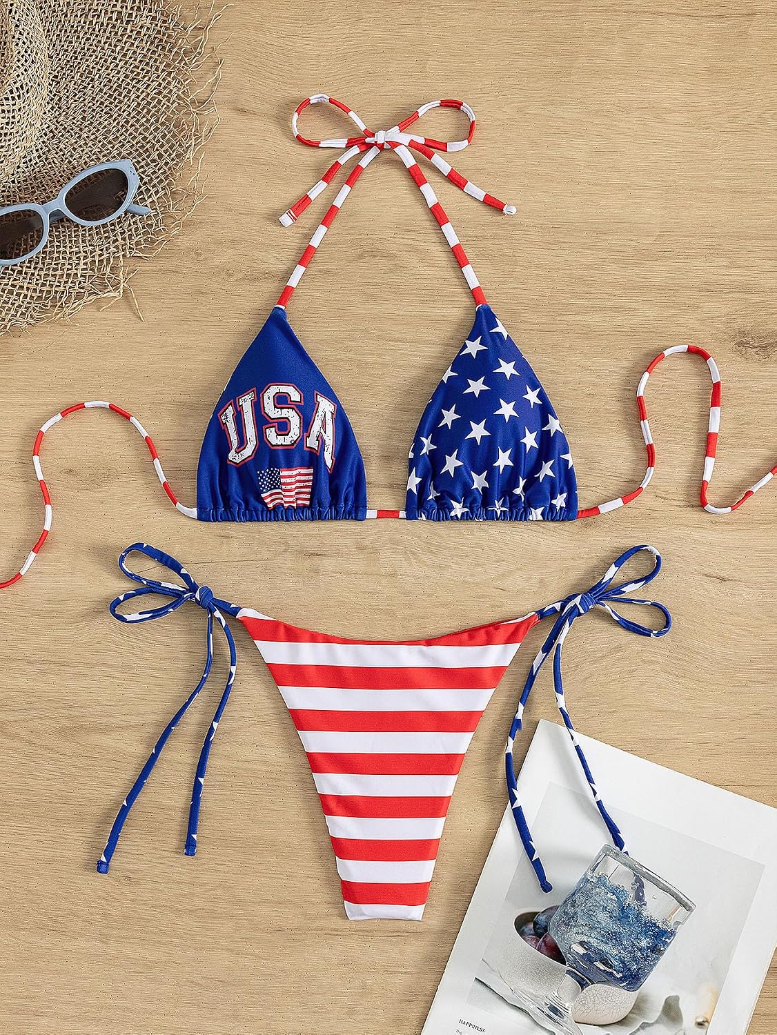 Tainehs Women's Sexy Halter Thong Bikini Tie Two Sides Bottom Triangle Bikini Swimsuits