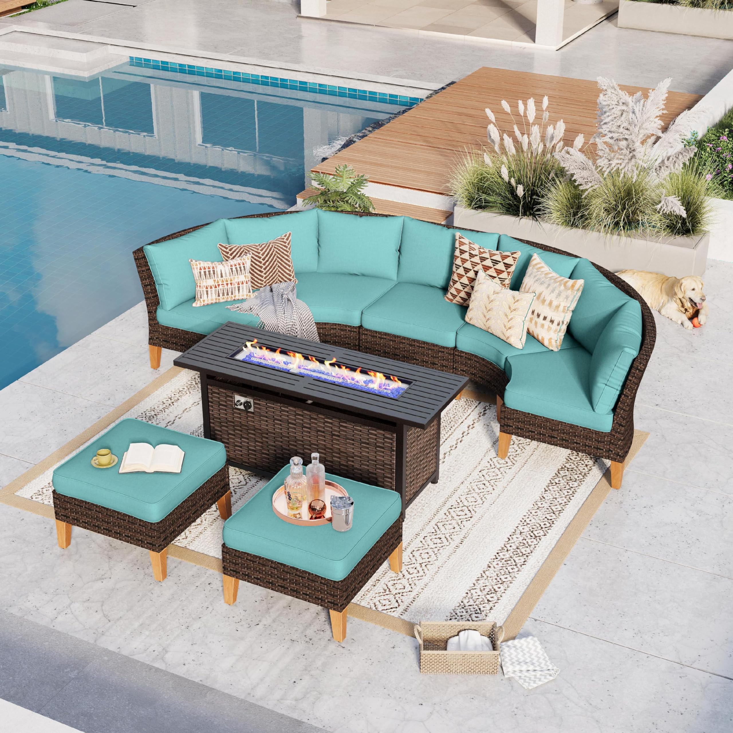 GREEN PARTY 7 Pieces Wicker Patio Furniture Set with 56" Fire Pit Table, All-Weather Outdoor Rattan Patio Half-Moon Curved Sectional Sofa Conversation