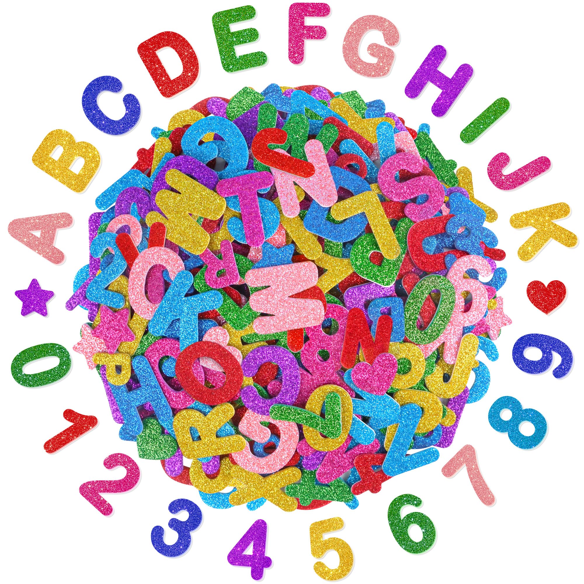 616 Pcs Letter Stickers Glitter Foam Stickers,1 inch Alphabet Number Self-Adhesive ABC Heart Star Foam Letter Sticker for Kids DIY Art Crafts