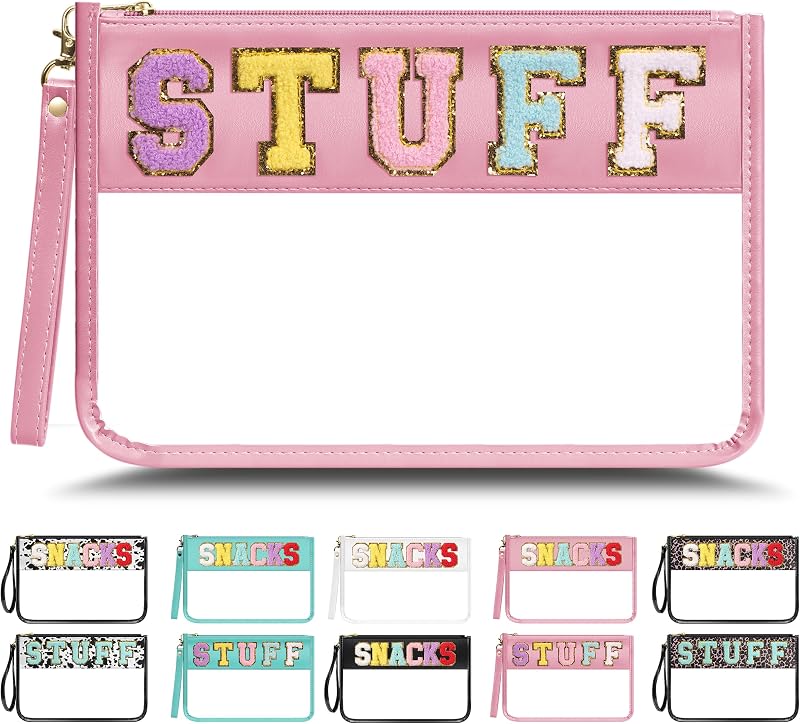 Necessaire retangular transparente YEMEDA com zíper, alça e letras de chenille, A3-Pink-Stuff