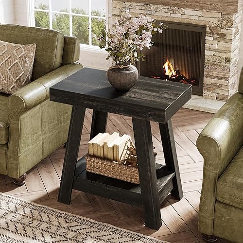 Tribesigns Mesa auxiliar de madera de 2 niveles, mesa auxiliar de sofá pequeña con almacenamiento, mesita de noche delgada y estrecha para sala de