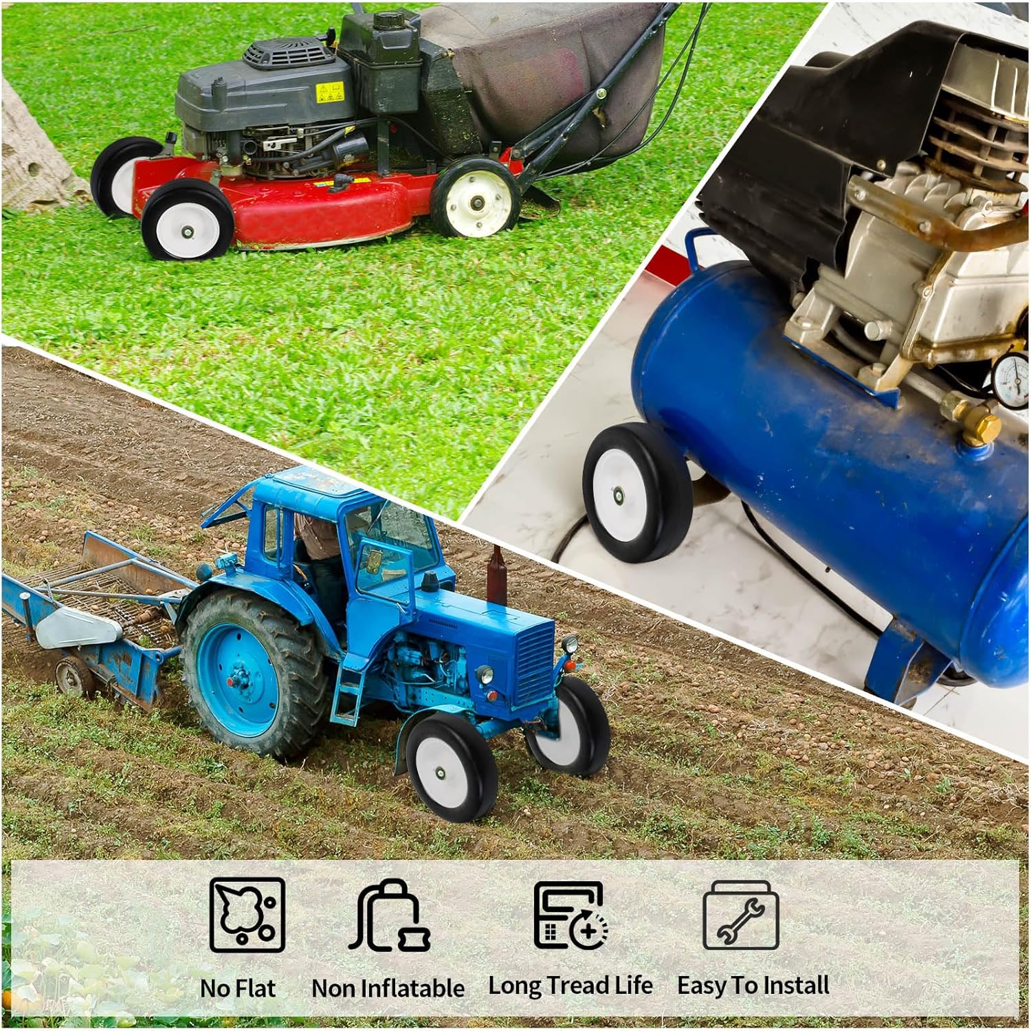 11x4.00-5 Flat Free Tire and Wheel Assembly,Tubeless Tire Fits Zero Turn Lawn Mowers,3.4"-5.6" Centered Hub,3/4" or 5/8" or 1/2" Bushing,Come with Universal Adapter Kit, Set of 2