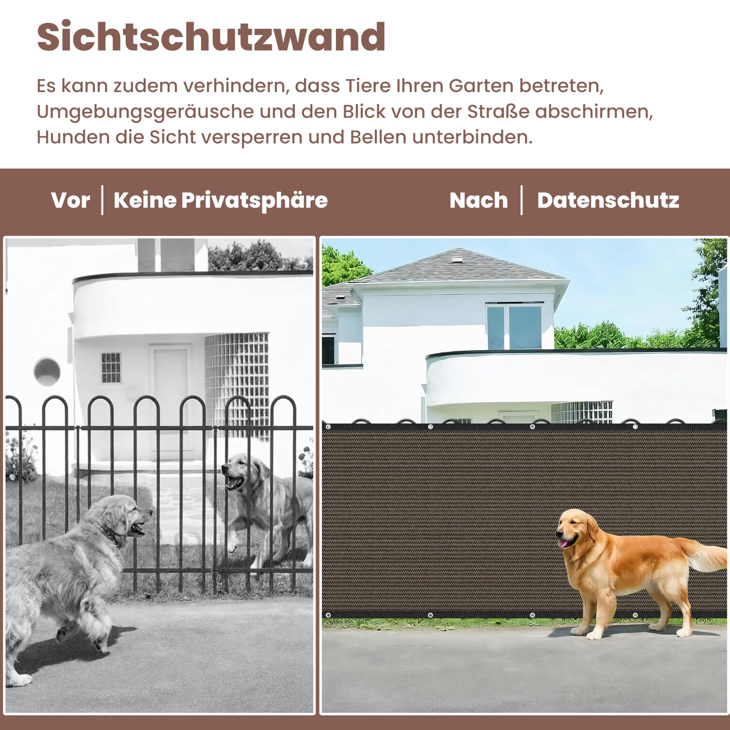 Zaunblende Sichtschutz Braun-Schwarz,1.5x10m, Sichtschutzzaun 90% HDPE-Schattennetz für den Außenbereich, mit Löchern und Kabelbindern, UV-beständiges, reißfestes Sonnenschutznetz