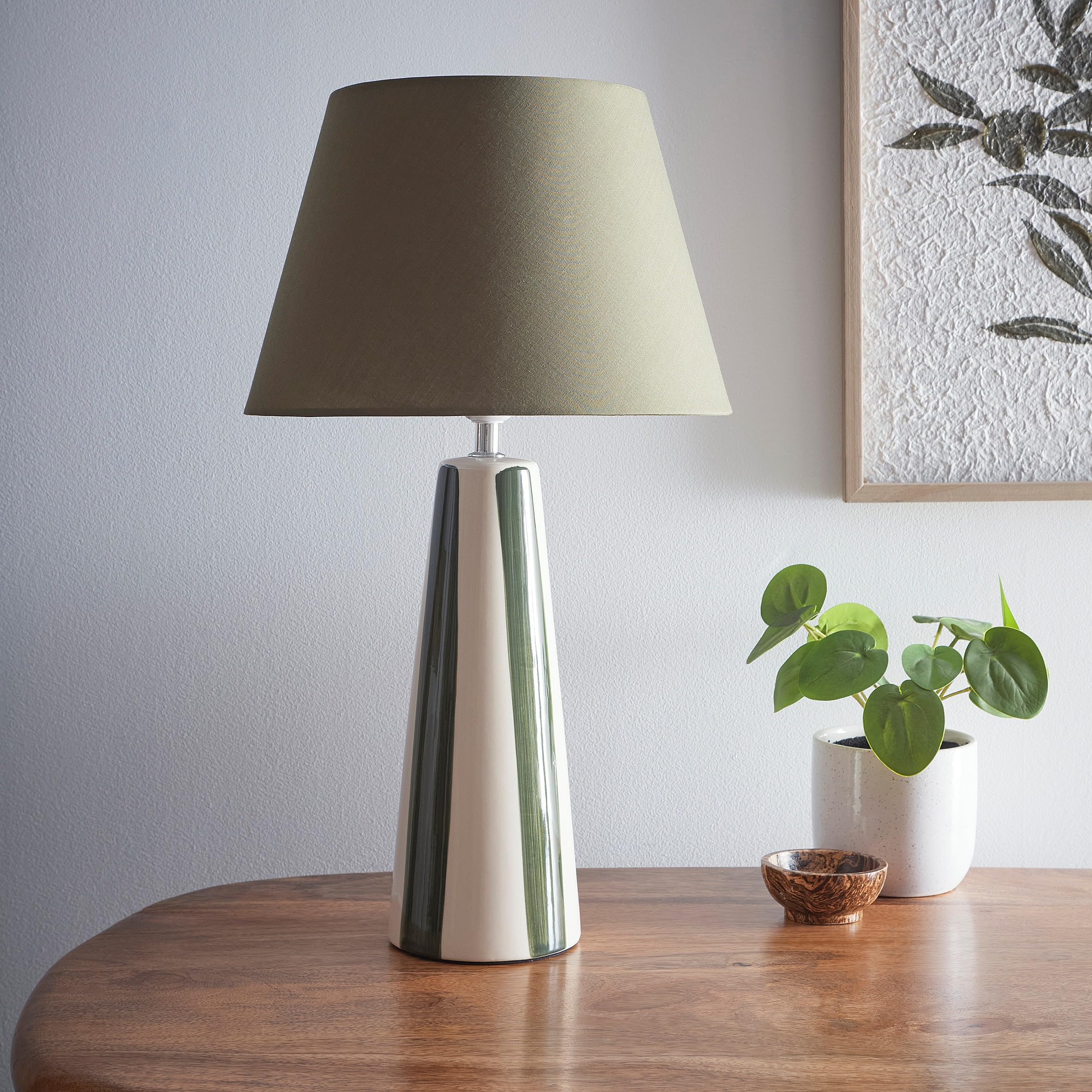 Tall Ceramic Striped Table Lamps with Painted Stripes and Matching Lampshades, Available in Four Colours (Green)