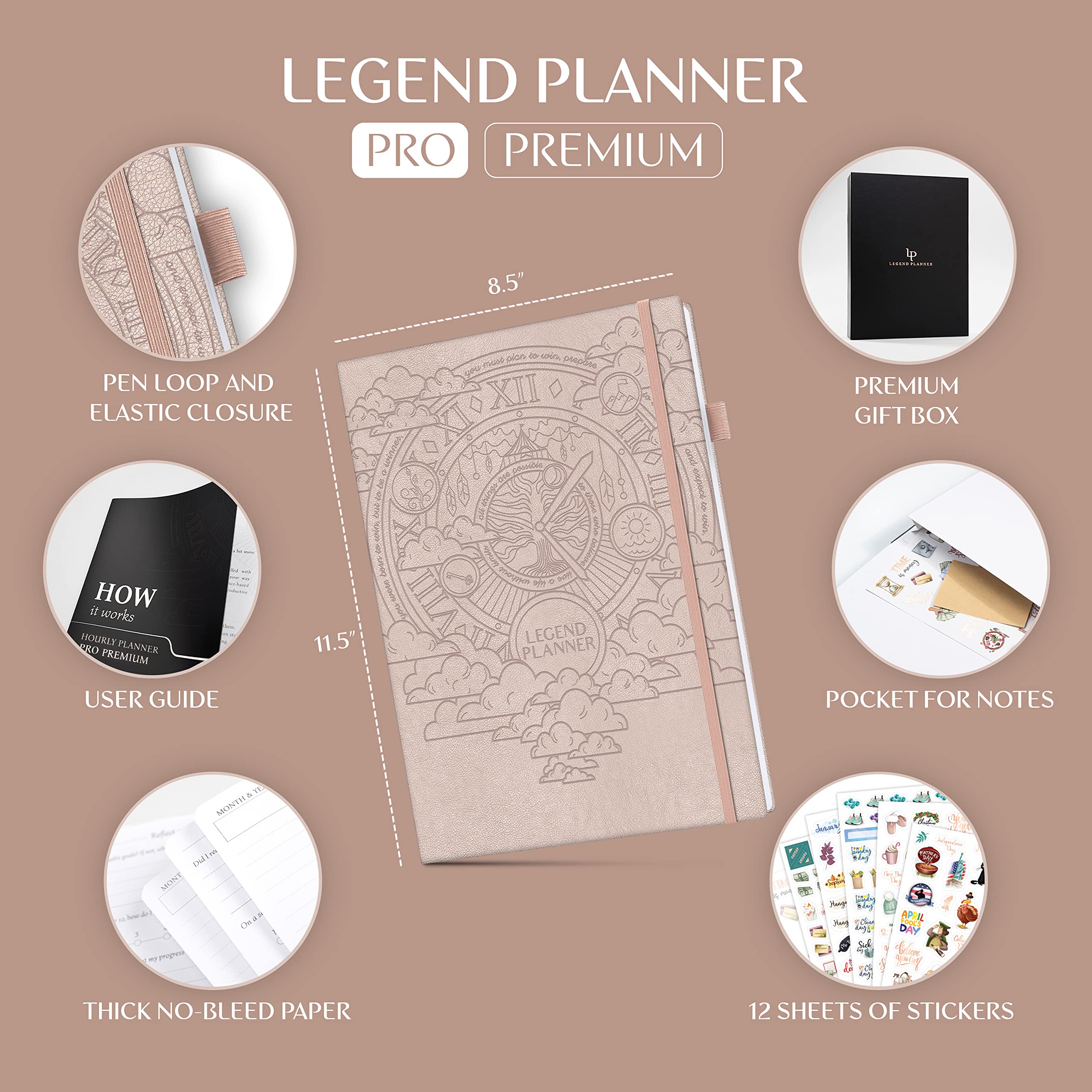 Legend Hourly Planner PRO Premium – Planificador de horarios sin fecha con ranuras de tiempo – Organizador personal semanal, mensual y diario, A4 (oro rosa)