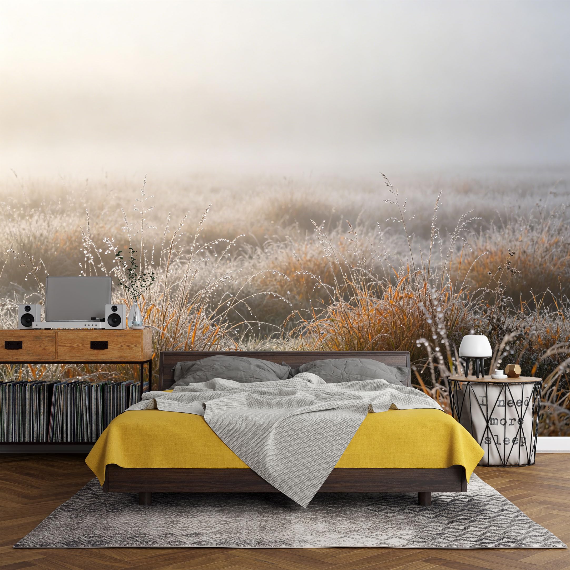 Custom Size Wall Mural， Landscape Morning Mist Dew Grasses Field Nature Sunrise，SelfAdhesive Art Prints wall Fabric (No PVC) Removable Wallpaper Living Room Decor