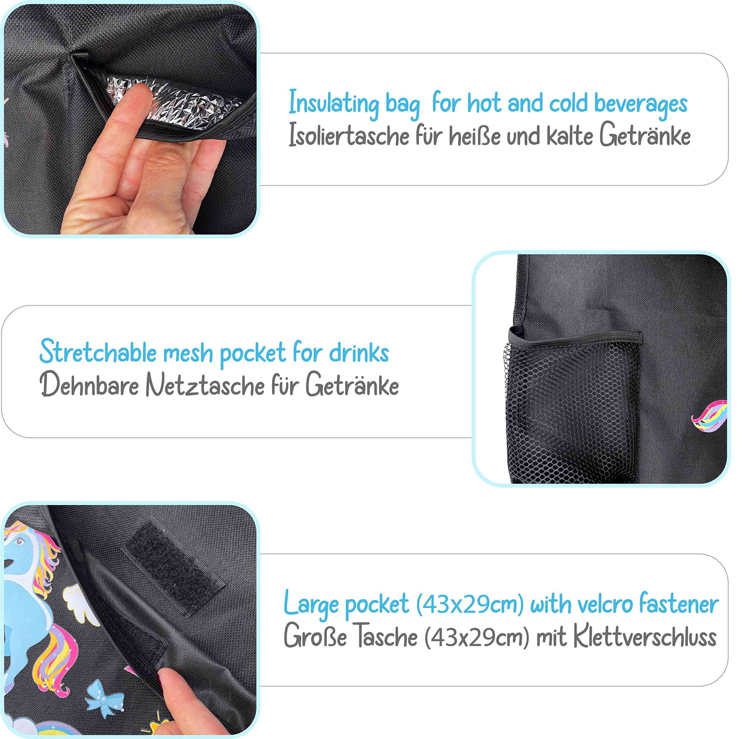 HECKBO 2x Protezione schienale sedile auto bambini con organizer e tasca tablet regolabile e scomparti porta accessori – Monster unicorno – 70x45 cm – incl. portabibite + rete portaoggetti