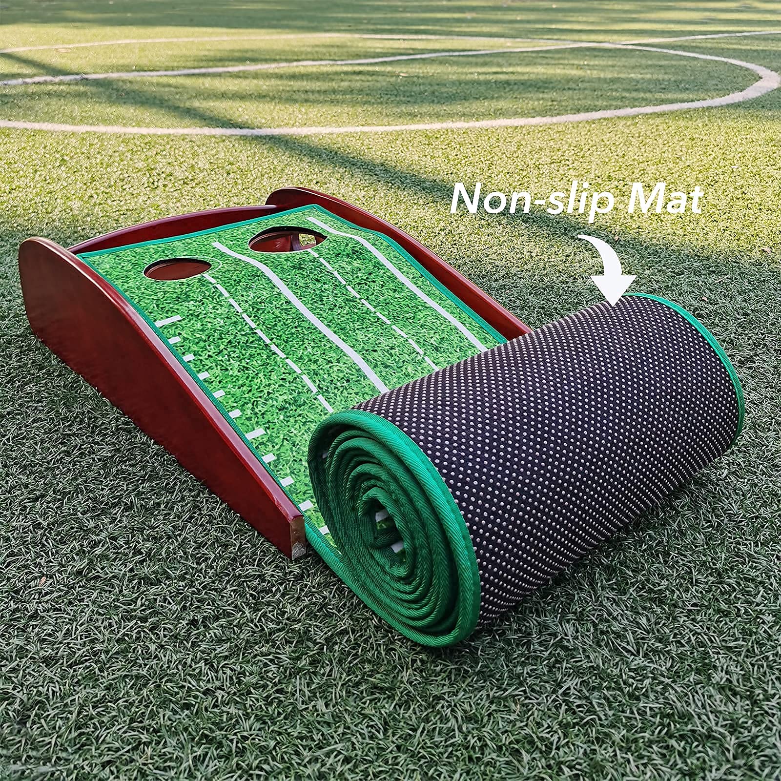 UEVERHI Golf Putting Green Mat with Wood Auto Ball Return System |Mini Golf Practice Putting Matt for Indoors and Outdoors Golf Training| Come with a Putting Cup and 3 Golf Balls