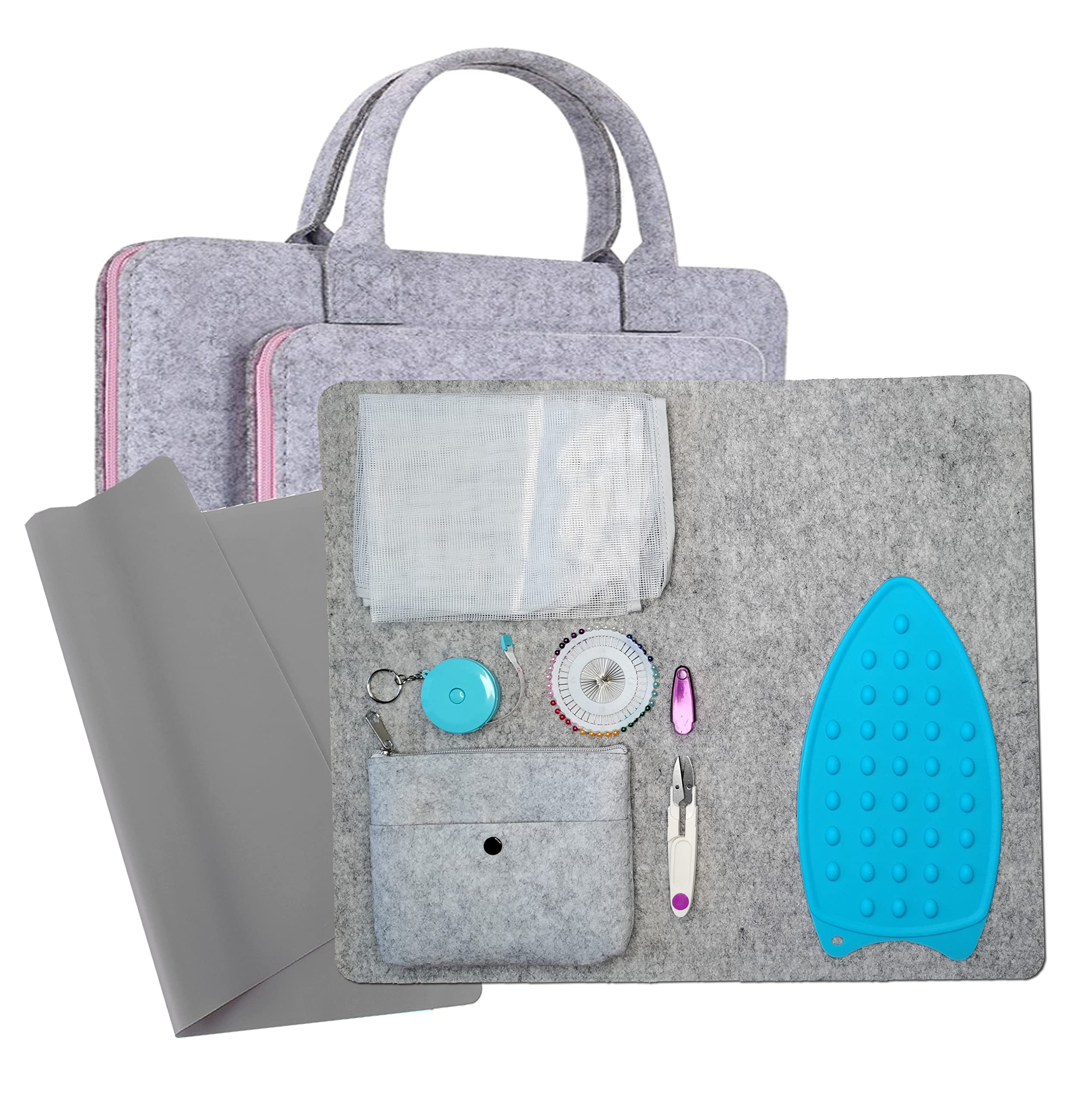 JOAVANI 17" X 13.5" Wool Ironing Mat, Scissors, Tape, Pouch, Carrying Bag, Mesh Net, x40 Pins – 100% New Zealand Wool Pressing Mat for Quilting, Sewing, Ironing, Blocking & Embroidery