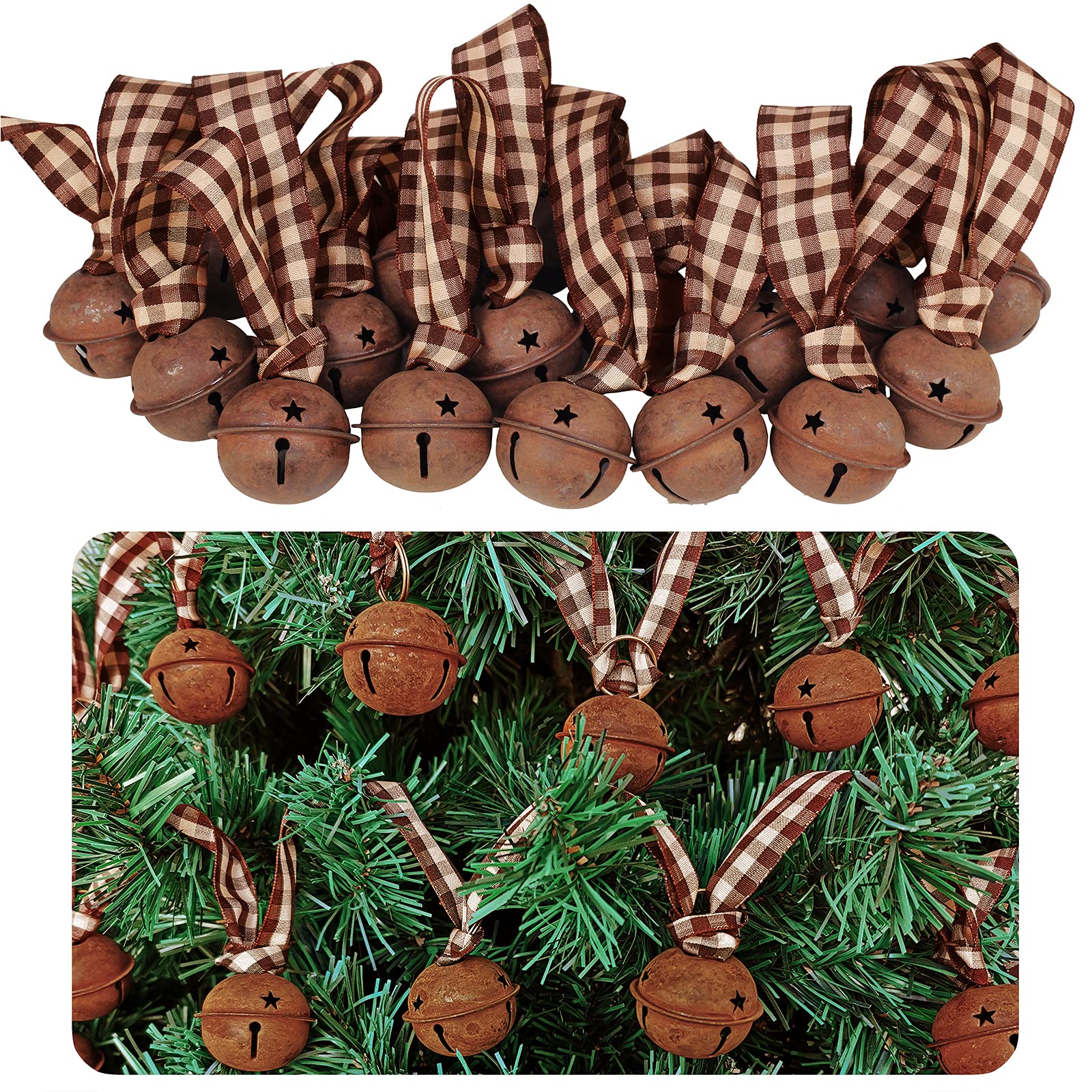 6 Meter Weihnachts-Girlande mit rostigen Schlittenglocken, primitives Metall, rostige Glöckchen und Gingham-Band, hängende Girlande für Bauernhaus, Vintage, Winter, Urlaubsdekoration