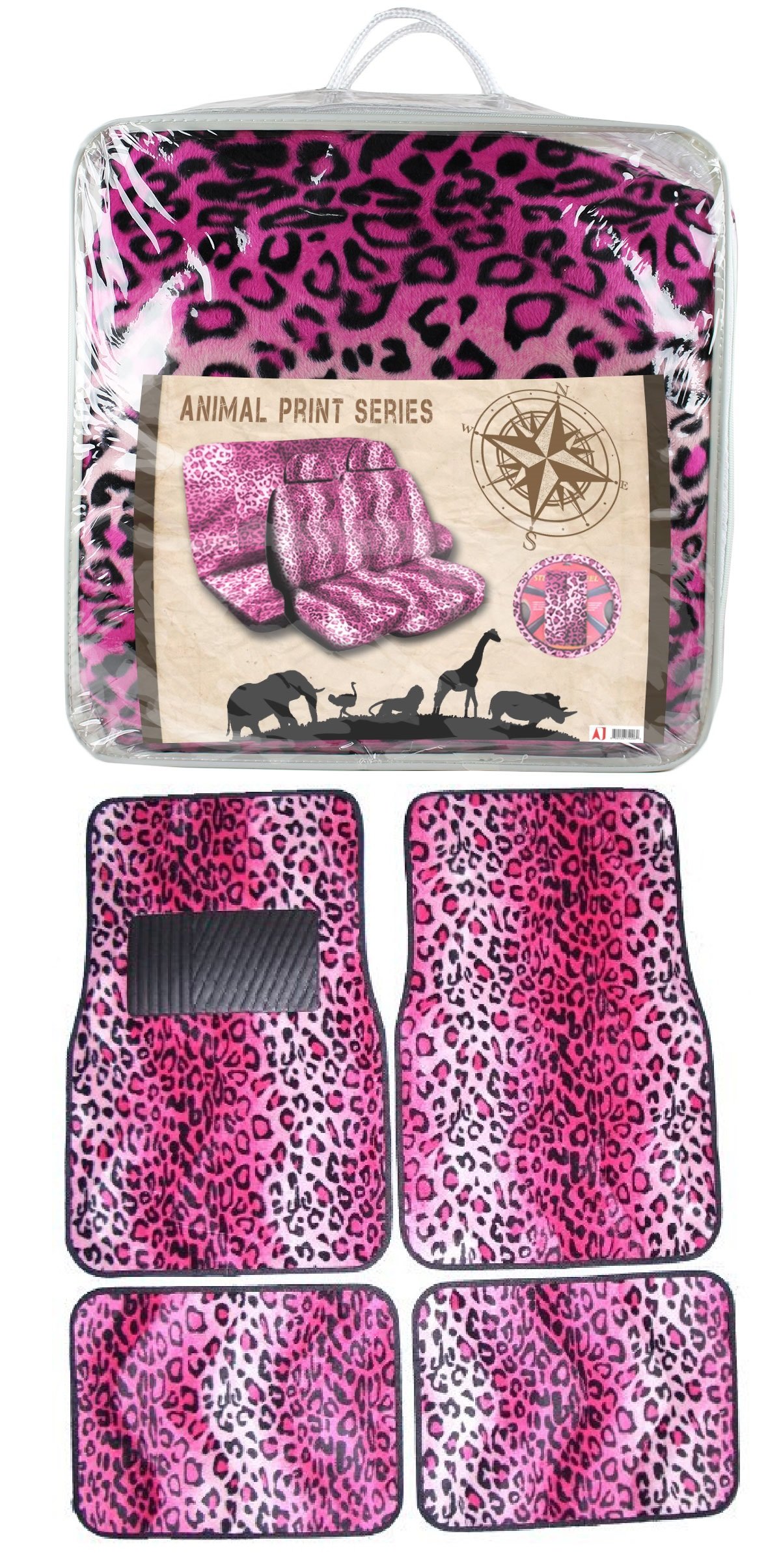 Universal Fit Automotive Gift Set Two Lowback Front Seat Covers, One Rear Bench Seat Cover, One Steering Wheel Cover, Two Shoulder Pads, and Four Floor Mats - Leopard Pink