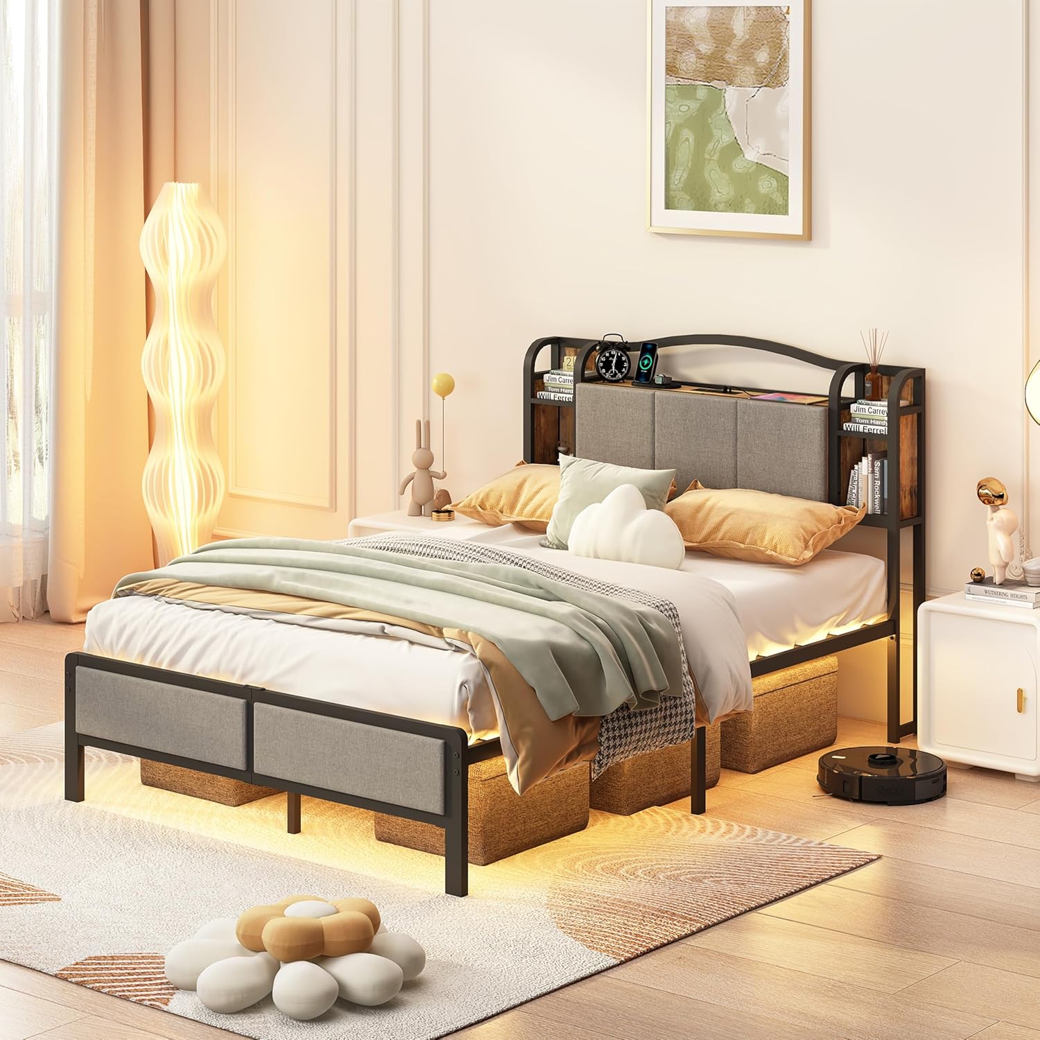 UOMEUR Queen Size Bed Frame with Fabric Upholstered Headboard and USB Socket Fully Upholstered Mattress Foundation/No Box Spring Needed/Easy Assembly