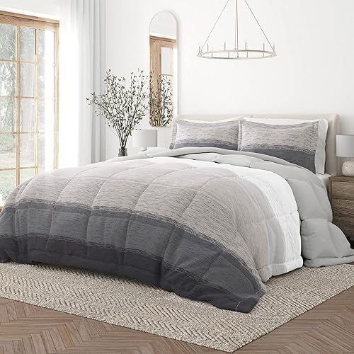 Merit Linens Juego de edredón reversible de plumón alternativo color gris degradado, extra suave, para todas las estaciones, lavable a máquina y