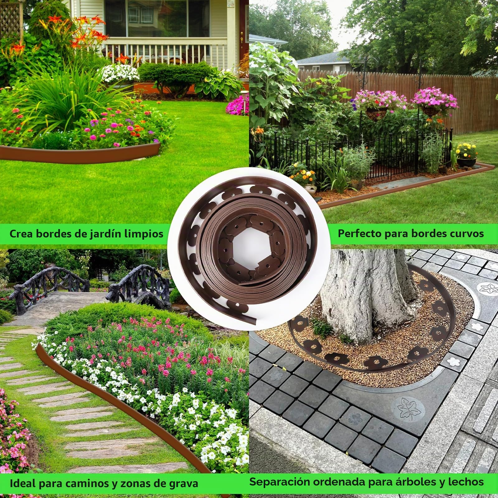 Bordura de Jardín Flexible 10 m con 60 Estacas – Borde para Césped de Plástico, Altura 5 cm – Separador para Parterres y Caminos, Marrón