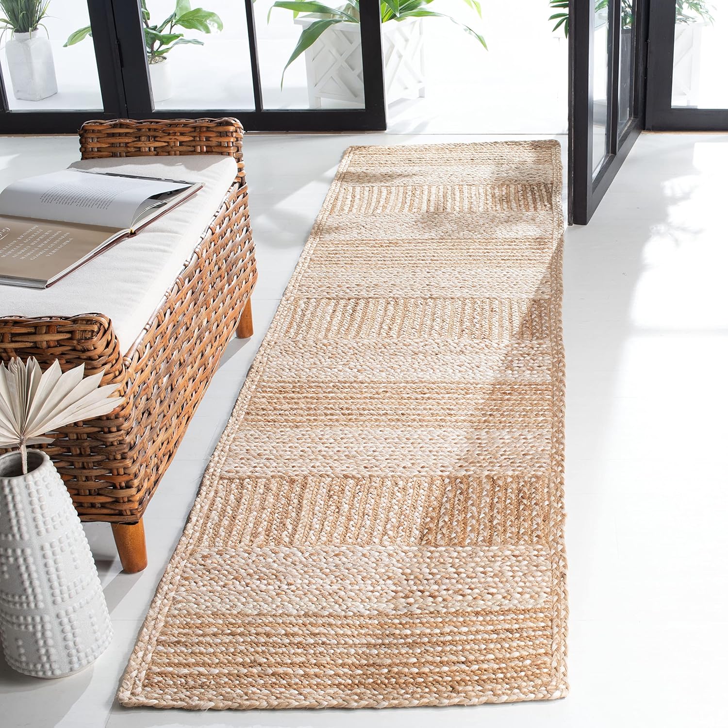 SAFAVIEH Natural Fiber Collection Runner Rug - 2'3" x 9', Natural & Ivory, Handmade Stripe Jute, Ideal for High Traffic Areas in Living Room, Bedroom (NF887A)