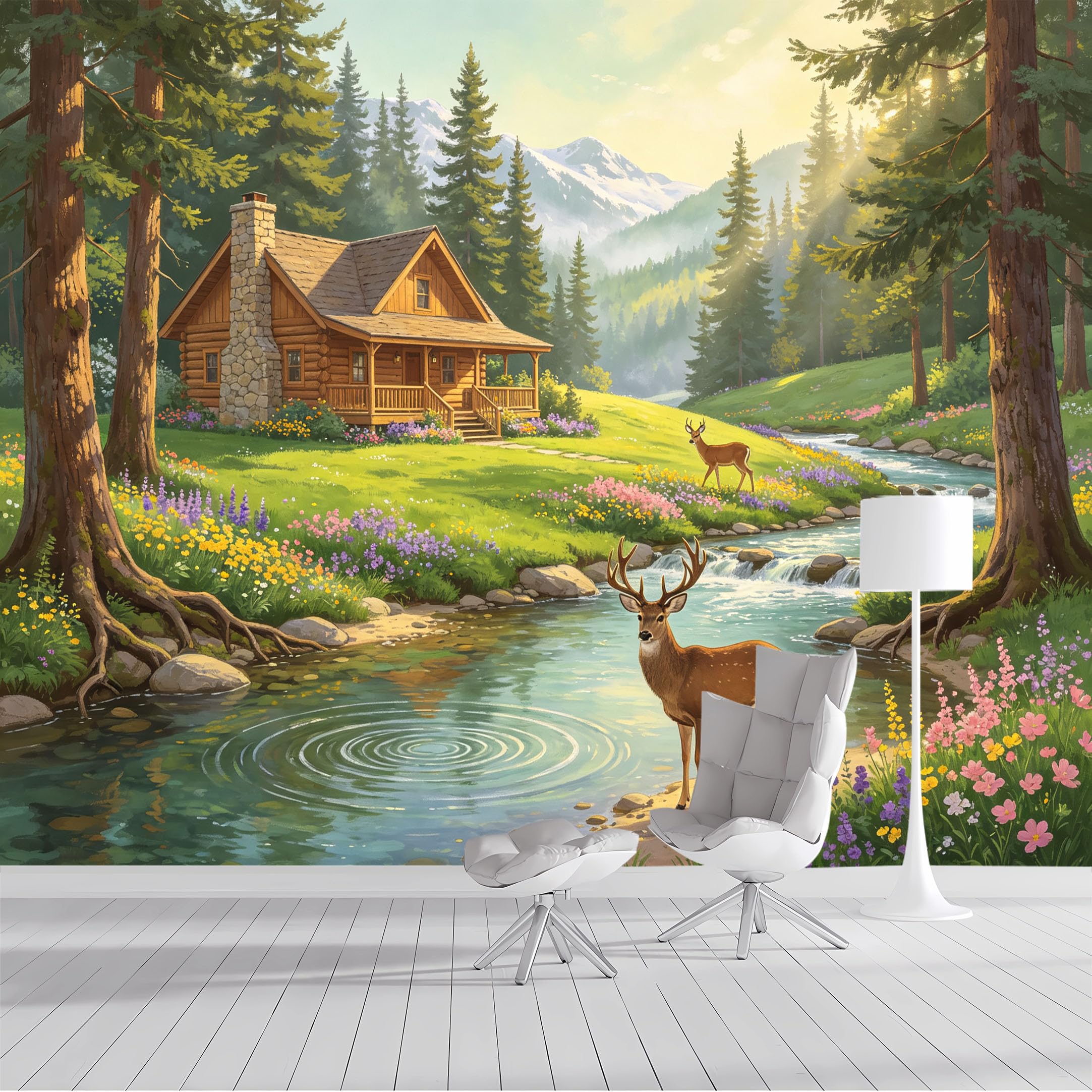 Custom Size Wall Mural Rustic Cabin Forest Landscape SelfAdhesive Wall Fabric Removable Peel and Stick Wallpaper Wall Decor for Living Room Bedroom Bathroom