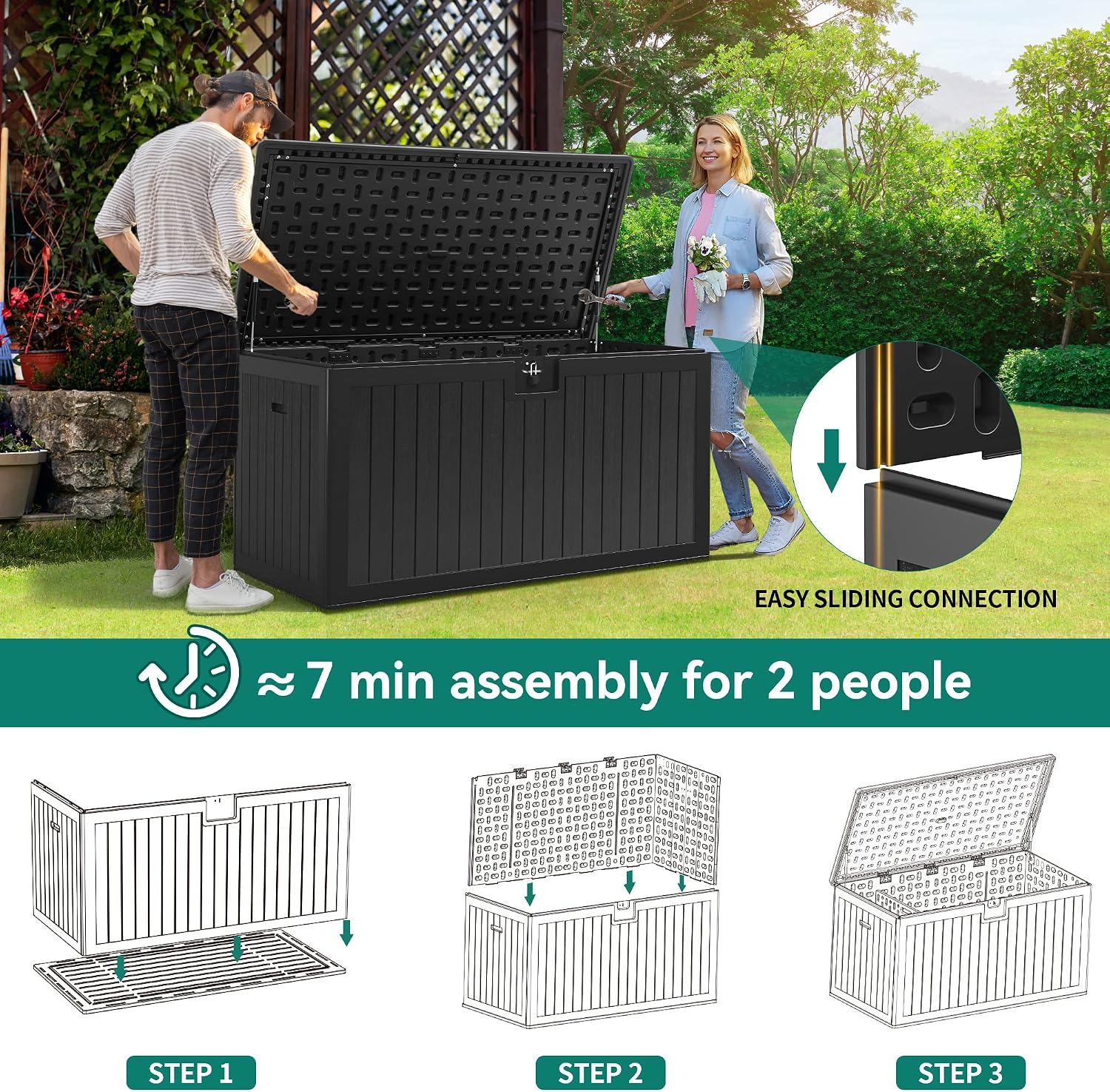 YITAHOME XL 150 Gallon Large Deck Box,Outdoor Storage for Patio Furniture Cushions,Garden Tools and Pool Toys with Flexible Divider,Waterproof,Lockable (Black)