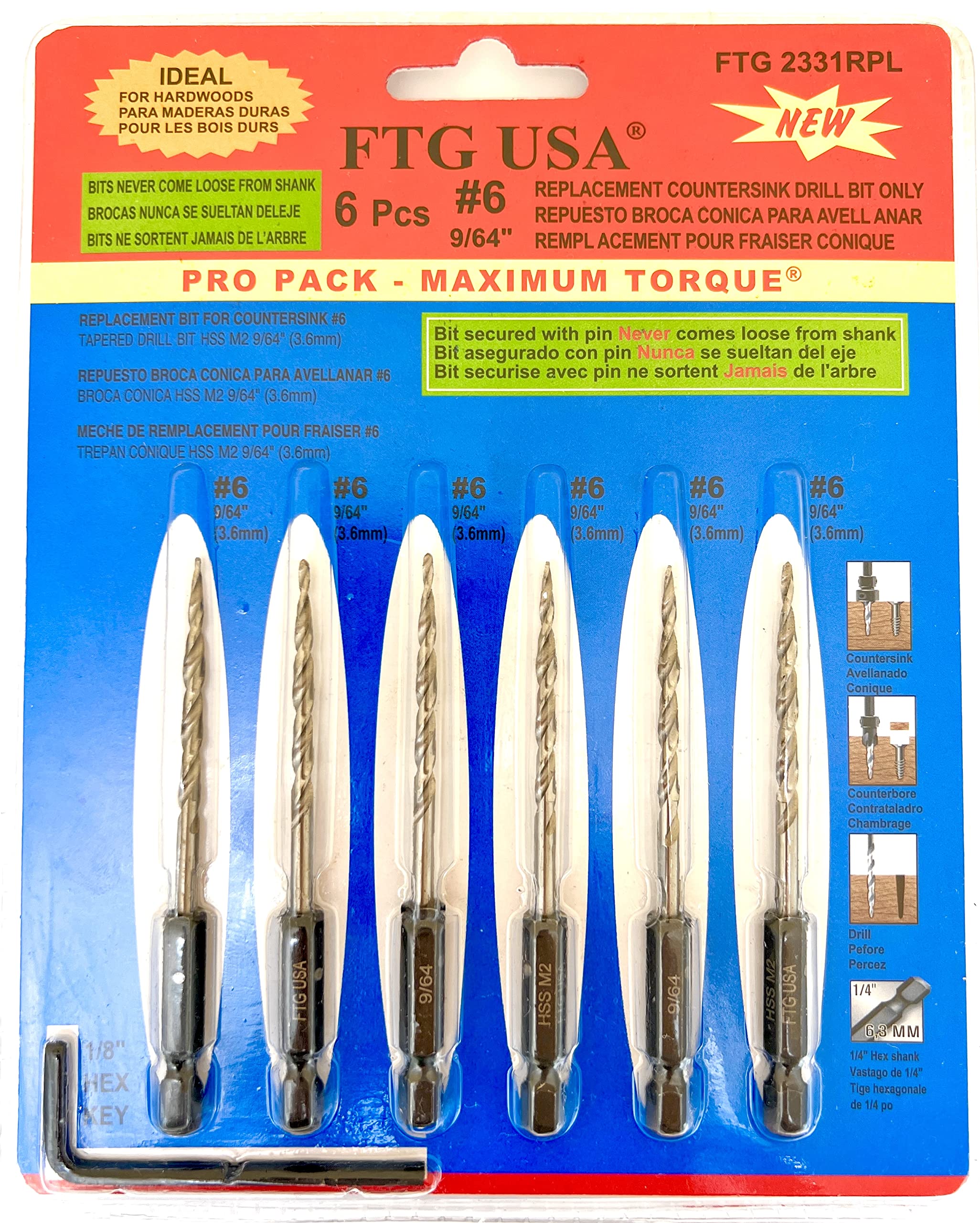 FTG USA Wood Countersink Drill Bit Set 6 Sizes HSS M2 Tapered Bits - View #4