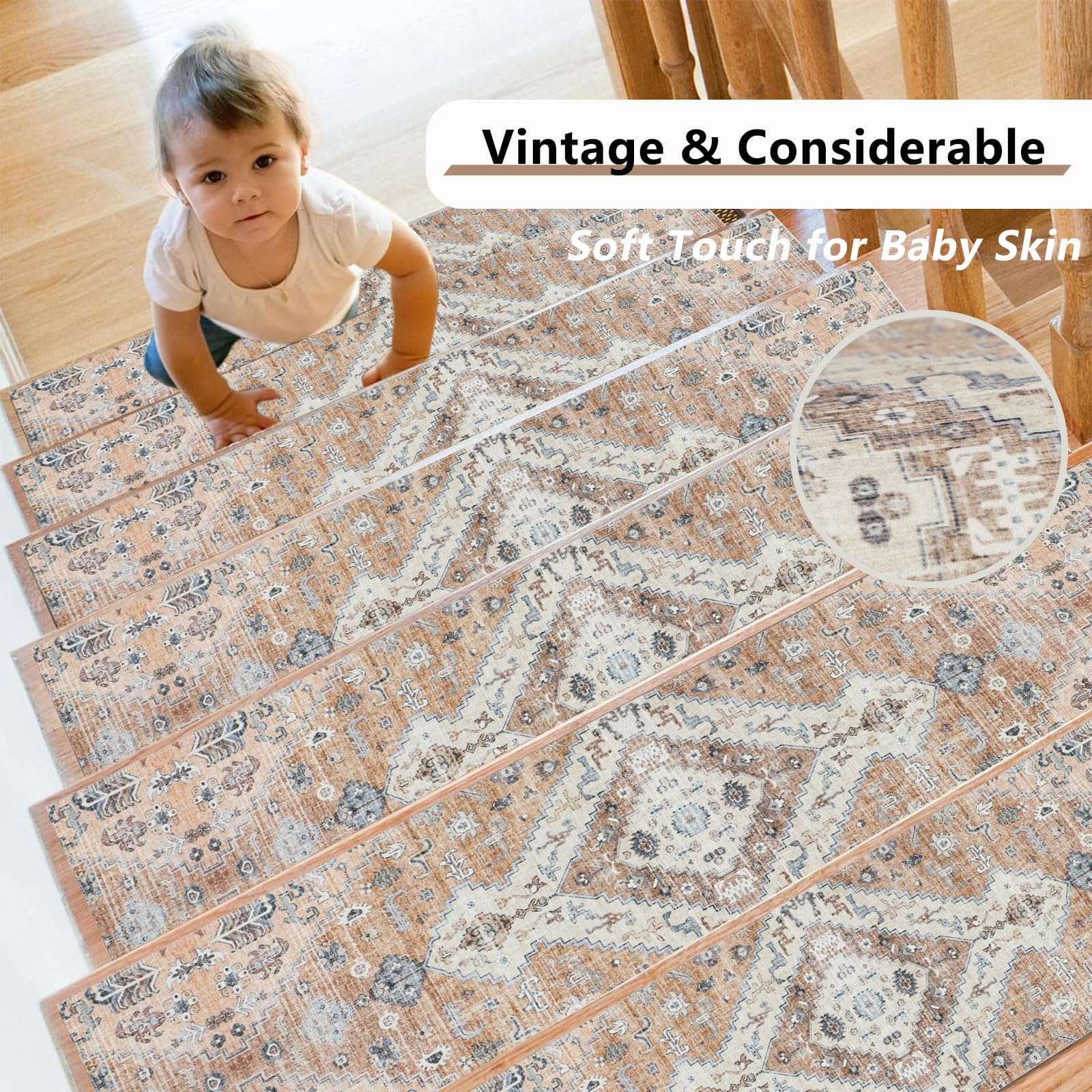 Homcomodar 15PCS Tapis Escalier Antidérapant 76x20cm Vintage Tapis de Marchettes d'Escalier Lavable Tapis d'Escalier Intérieur Para Animaux de Compagnie des Enfants Orange
