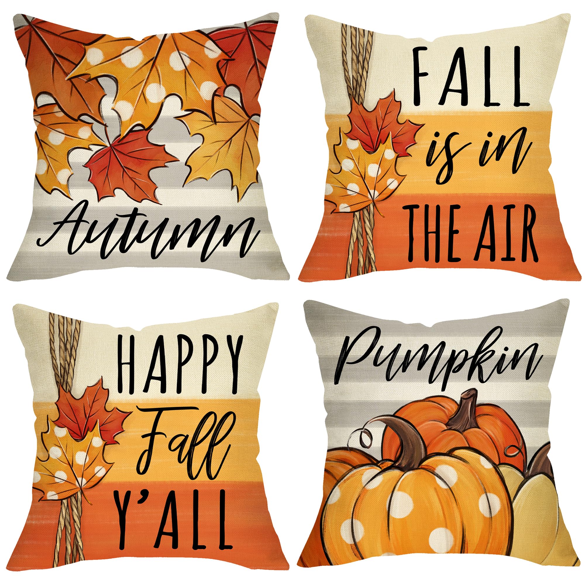 Fjfz Happy Fall Y'all Pumpkin Patch Decorative Throw Pillow Covers 16 x 16 Set of 4, Autumn Maple Leaves Porch Outdoor Home Decor, Orange Polka Dots Stripes Thanksgiving Farmhouse Couch Cushion Case