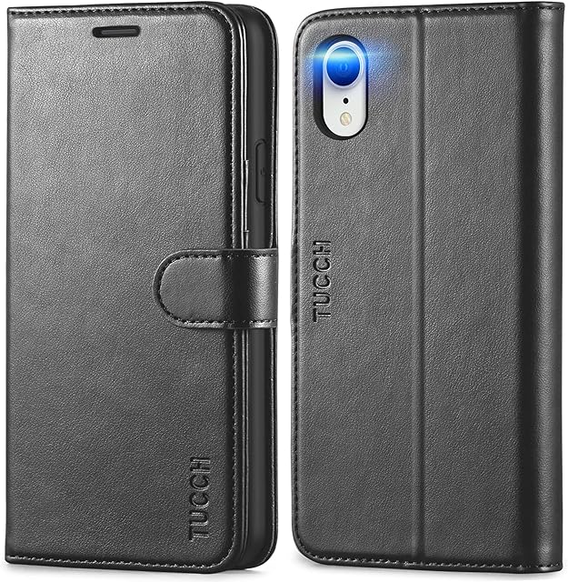 TUCCH iPhone XR Case, iPhone XR Wallet Case[RFID Blocking][Wireless Charging][TPU Shell][Viewing Stand][Card Slots][Magnetic Closure] Leather Flip Case Compatible with iPhone XR (6.1 inches), Black