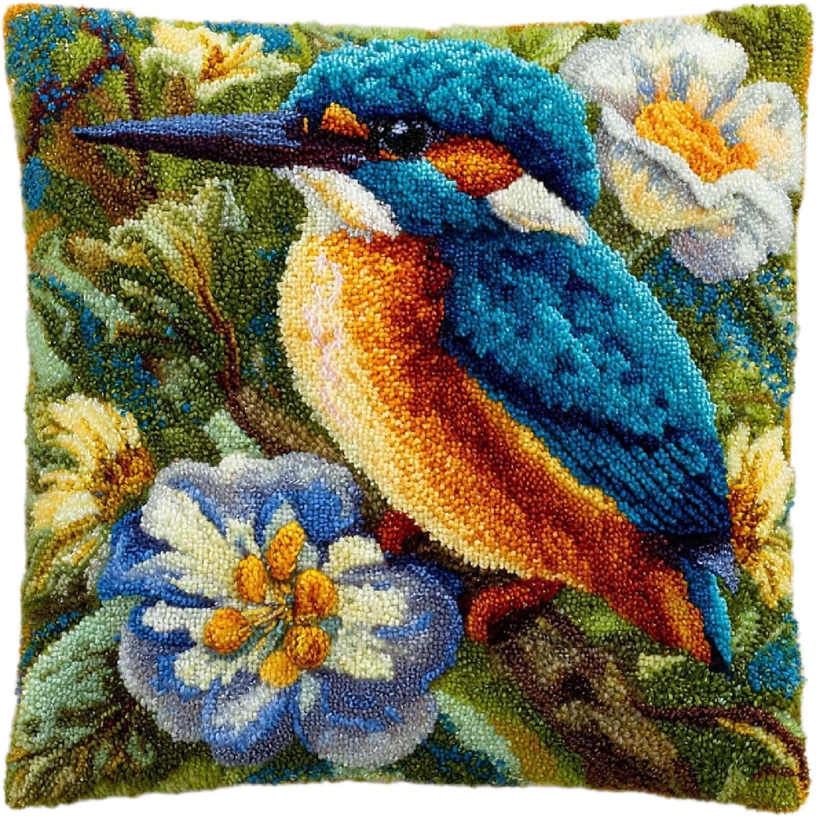 ZUHK Latch Hook Pillow Kit 43x43cm- Pre-Printed Animal Pattern, DIY Craft for Adults and Beginners,fit for Home Sofa Decoration (Hummingbird)