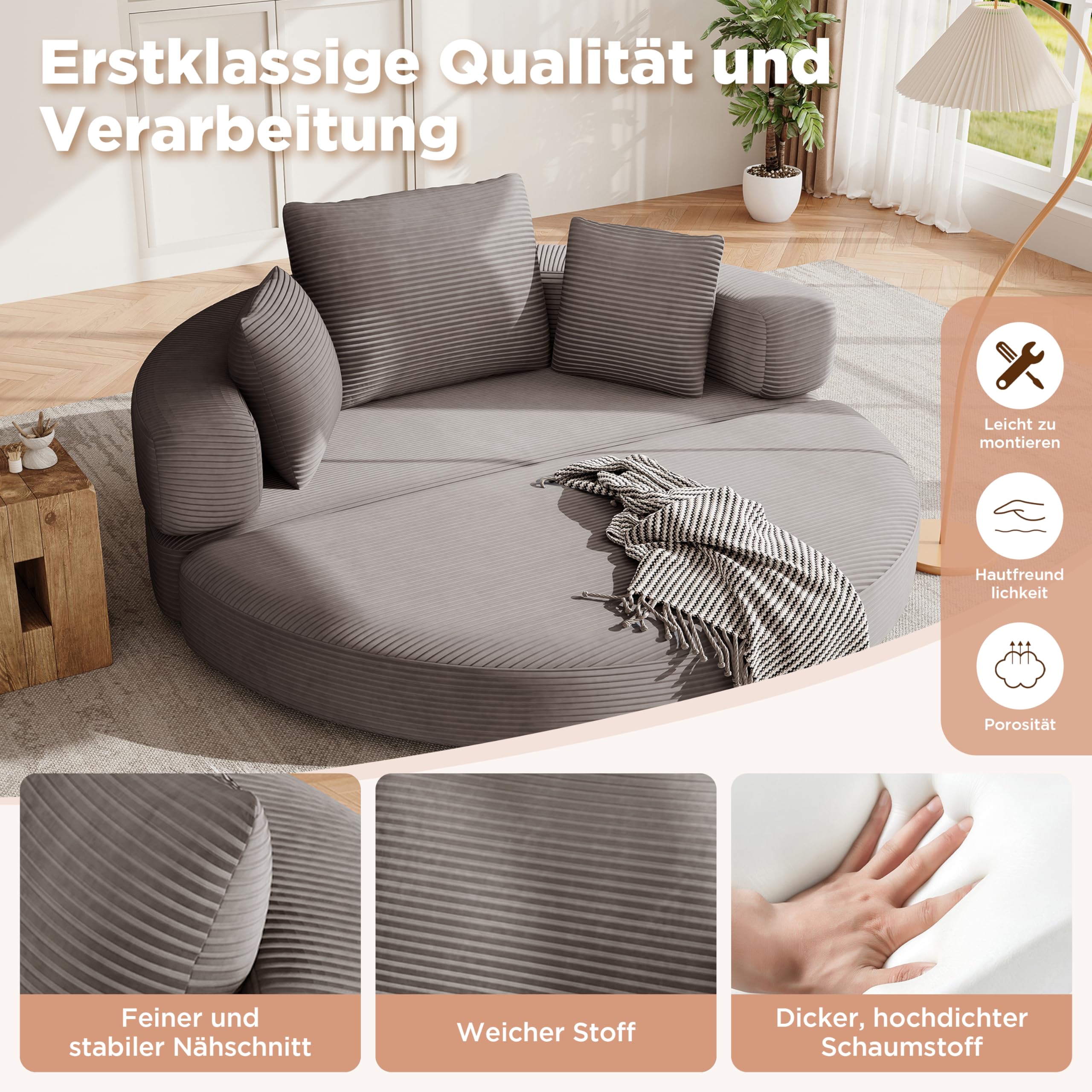 Divano multifunzionale Boneless - Divano letto pieghevole autoportante con funzione letto, divano modulare in velluto a coste, letto ovale con cuscino, divano letto per soggiorno e camera da letto