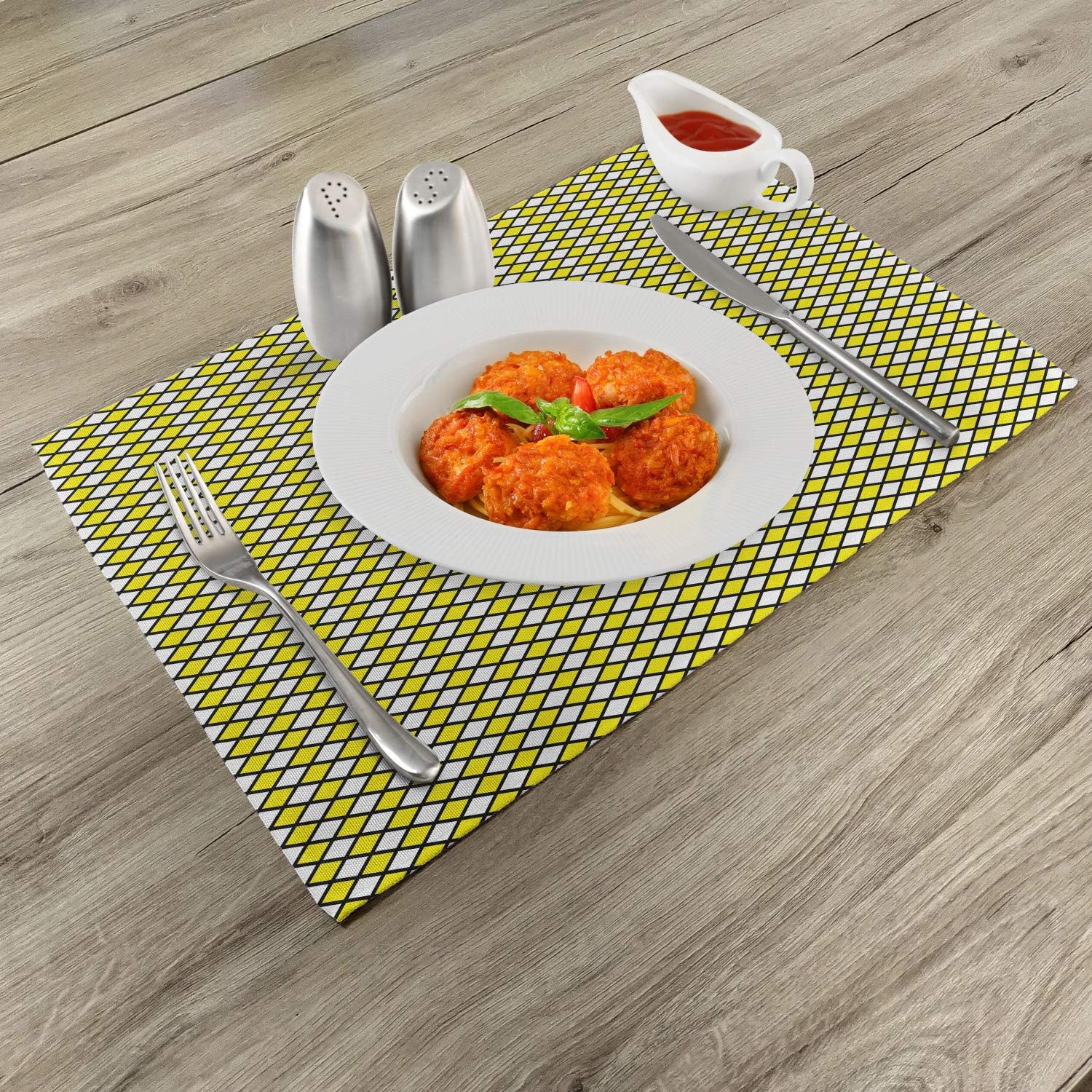 Ambesonne Yellow and White Place Mats Set of 4, Old Fashioned Checkered Pattern Black Lines Geometrical Squares, Washable Fabric Placemats for Dining Room Kitchen Table Decor, Yellow White Black