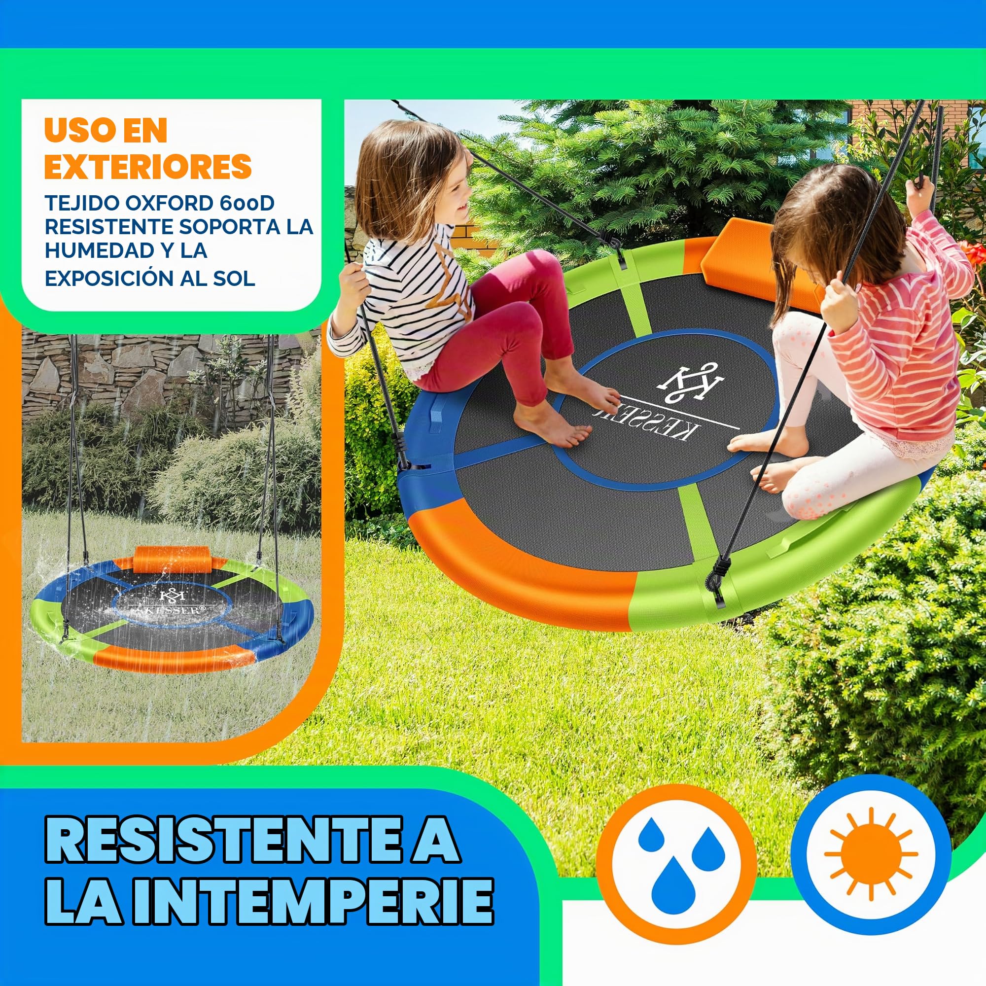 KESSER® Columpio nido, columpio redondo, diámetro de 100 cm, soporta hasta 300 kg, con cojín y 4 asas, ajustable, para interior y exterior, para niños y adultos, multicolor
