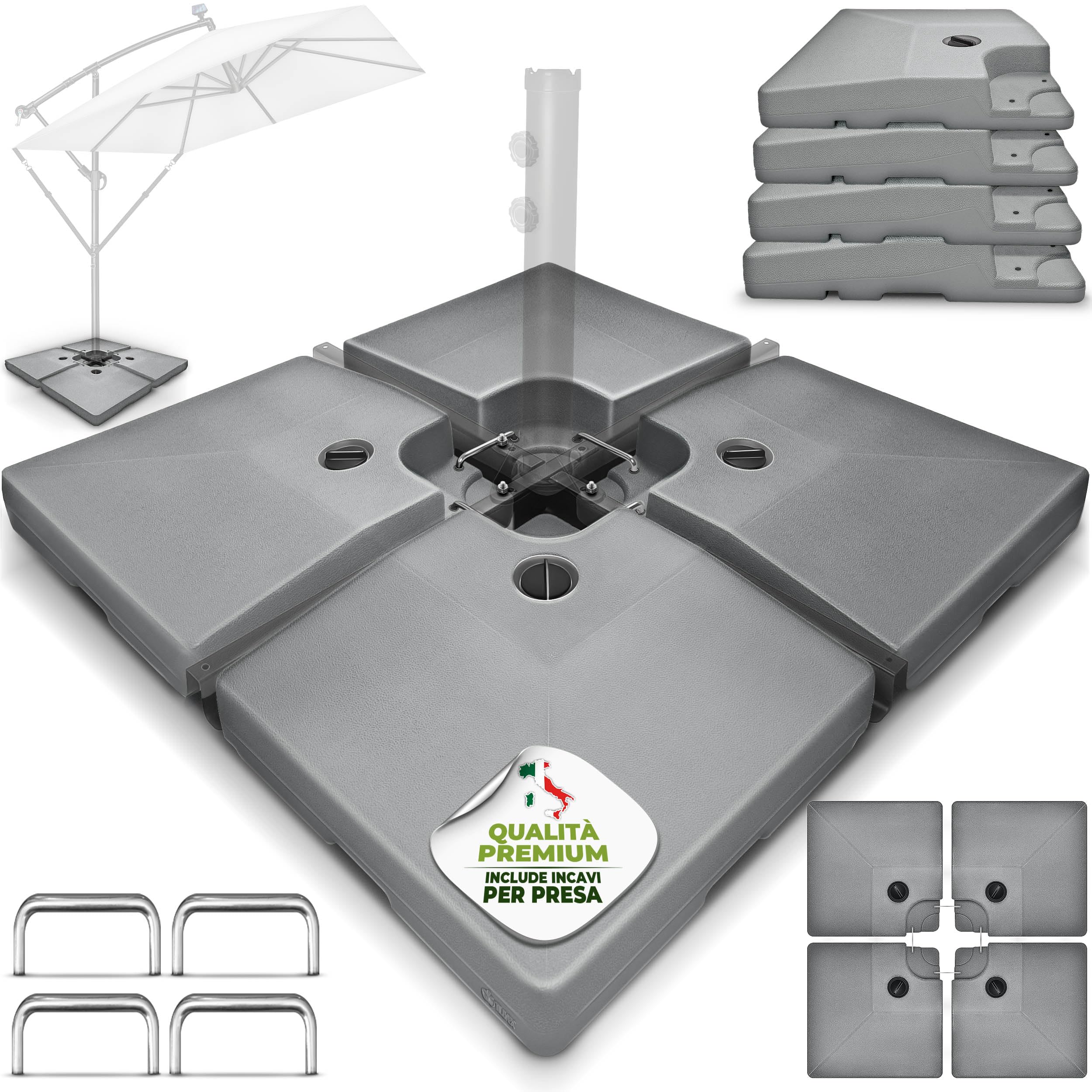 tillvex® Base per Ombrellone 90 Litri / 120 kg – 4 Pezzi per Ombrellone Decentrato con Connettore Metallico | Porta Ombrelloni Riempibile con Acqua o Sabbia | Supporto Ombrellone (Grigio)