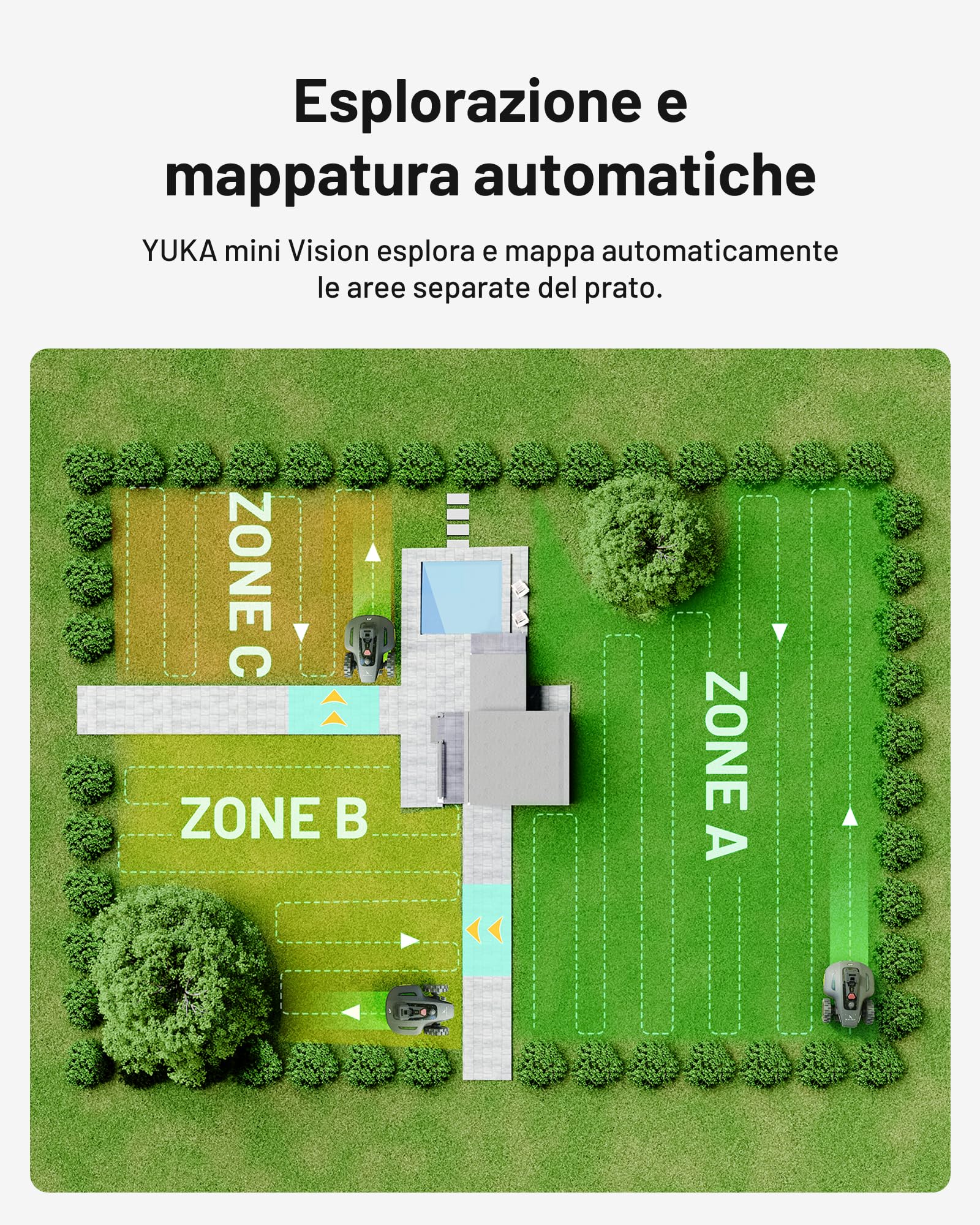 Mammotion YUKA mini Vision Robot Tagliaerba Senza Filo Perimetrale, Senza RTK, Navigazione AI Vision a Tripla Telecamera, Max.700 m², Mappatura Automatica, Controllo via App o Voce, Pendenze 45%