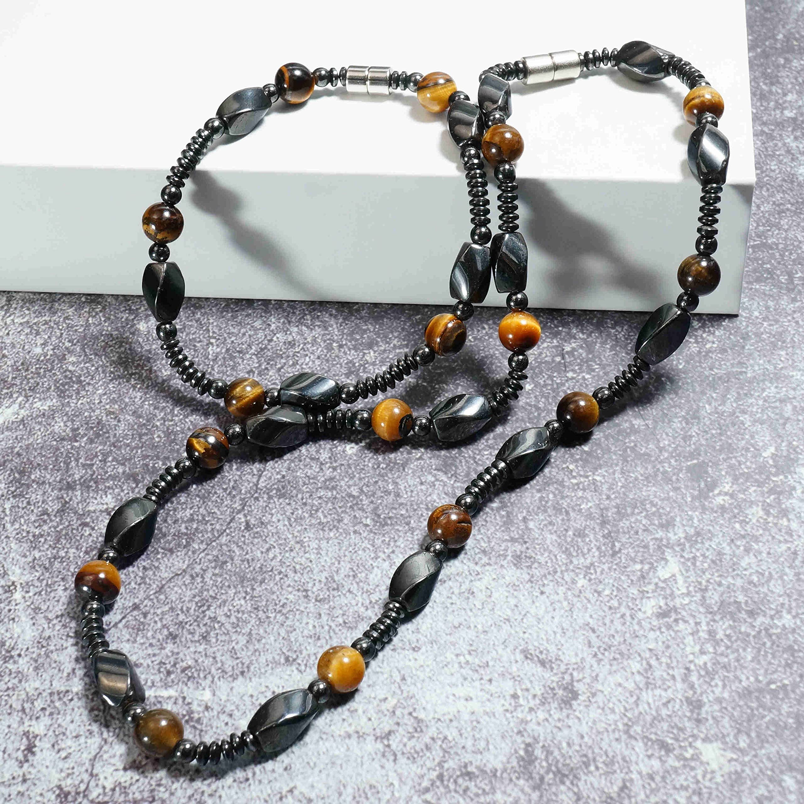 Ensemble collier et bracelet de perles en hématite magnétique et œil de tigre pour homme – Mala sans cou – Ensemble de bijoux (M)
