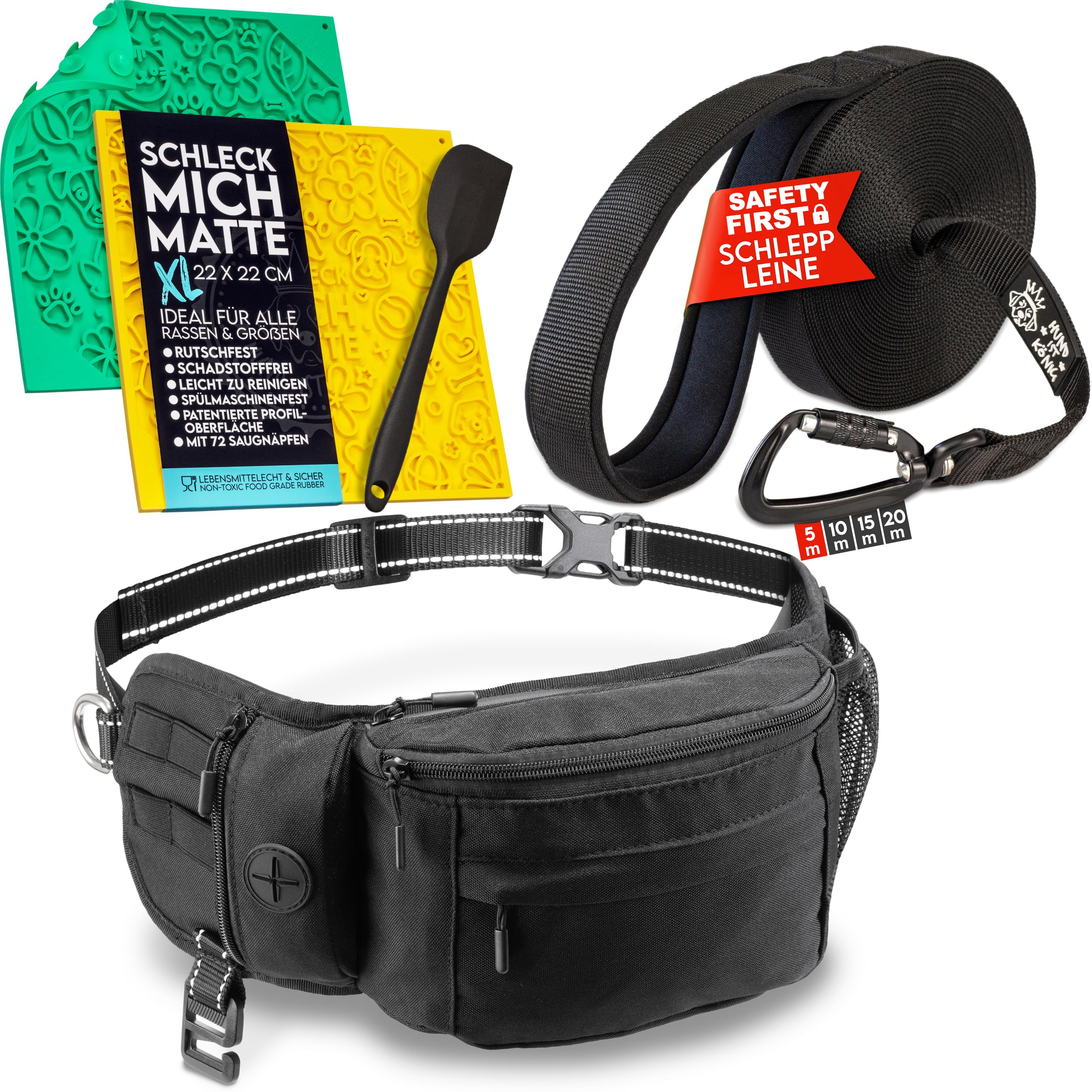 HUND IST KÖNIG Hunde Trainings- & Gassi-Set – Bauchtasche, Leckmatten-Set & 5m Schleppleine – Komplettpaket für Spaziergang, Training & Beschäftigung