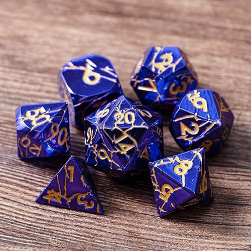 Miniatura 5 de DND - Dados de metal rayo agrietado, juego poliédrico para RPG D&D con grietas, dados de mazmorras y dragones bellamente detallados (oro morado)