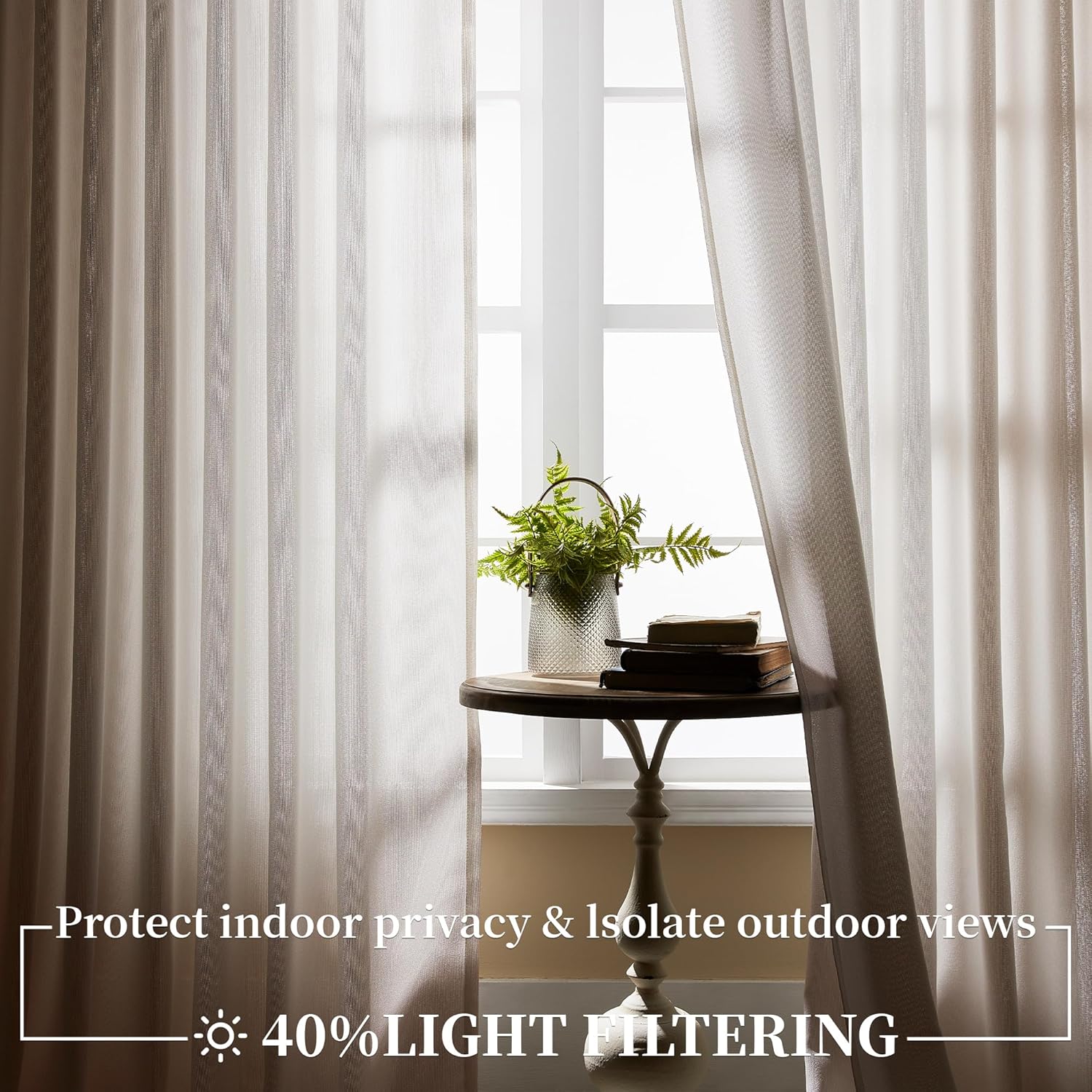 Beige Linen Textured Pinch Pleated Semi Sheer Curtains 84 Inches Long Light Filtering Back Tab Pleated Drapes Farmhouse Window Curtains for Living Room Bedroom, 40" W x 84" L, 2 Panels