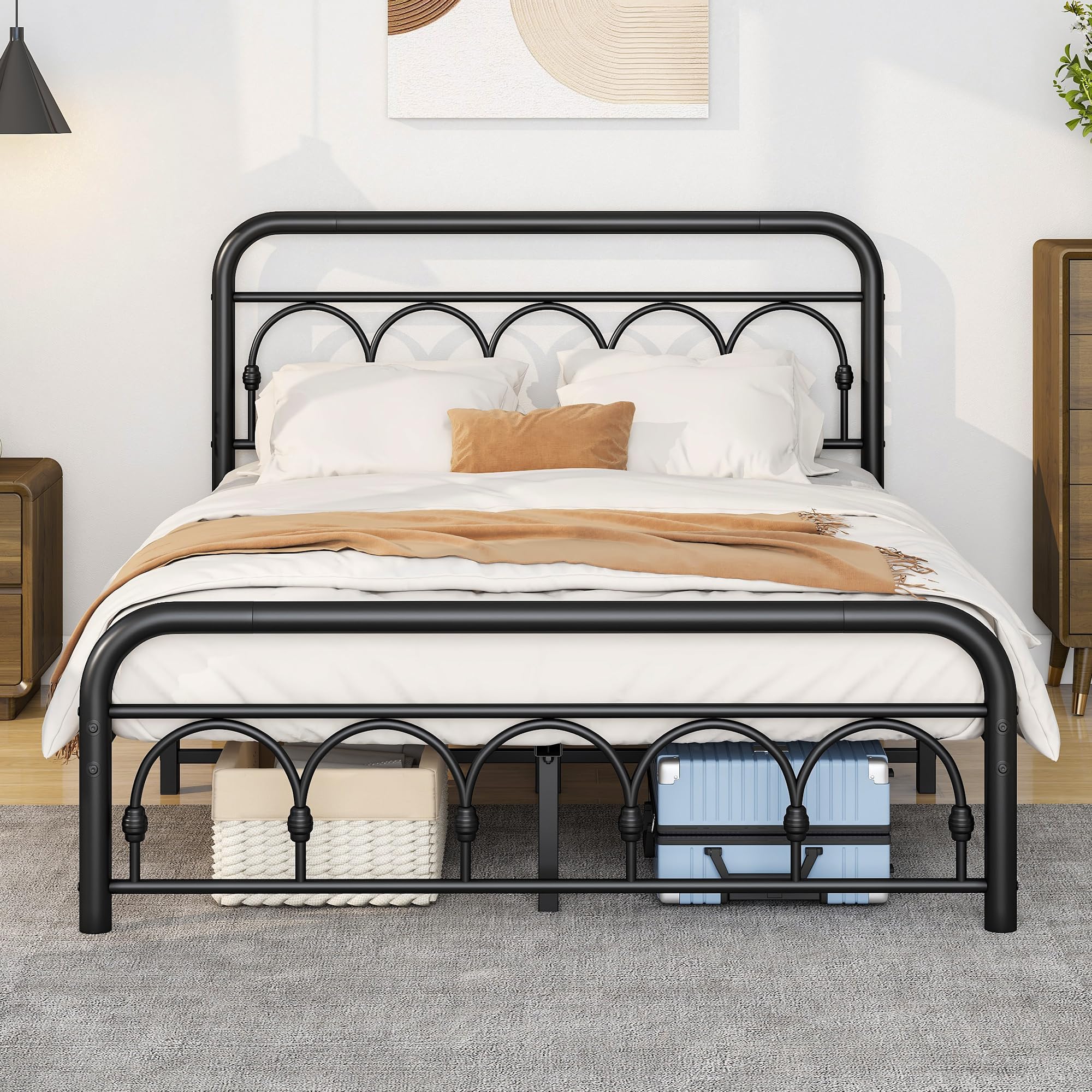 MUZERUL 4ft6 Double Bed Frame with High Headboard and Footboard,Vintage Platform Bed Double,Heavy Duty Metal Platform,Steel Slat Support,No Box Spring Needed,Easy Assembly,Black