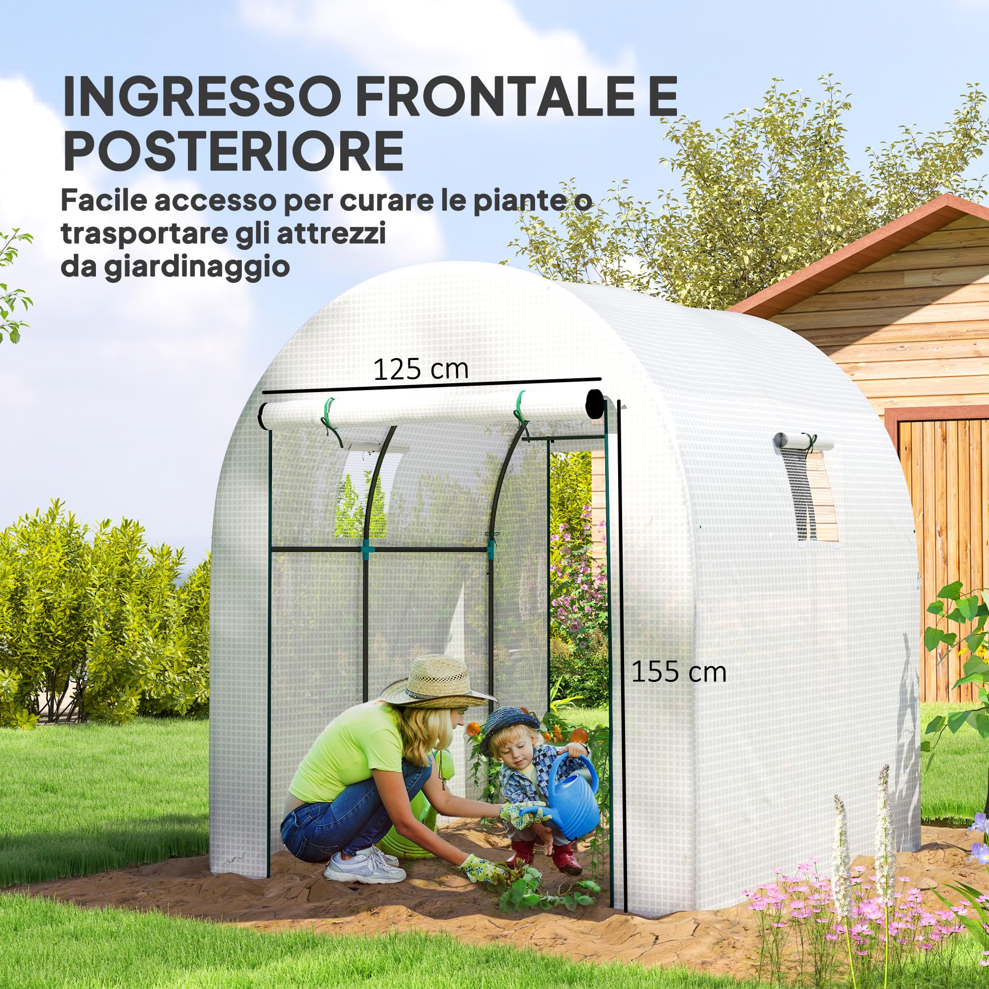 Outsunny Tunnel-Gewächshaus für den Garten, 1,8 x 1,8 x 2 m, mit 2 Türen und aufrollbaren Fenstern, Gewächshaus für Gemüsegarten mit Stahlrahmen und PE-Abdeckung, für Gemüse, Blumen, Obst, UV-Schutz