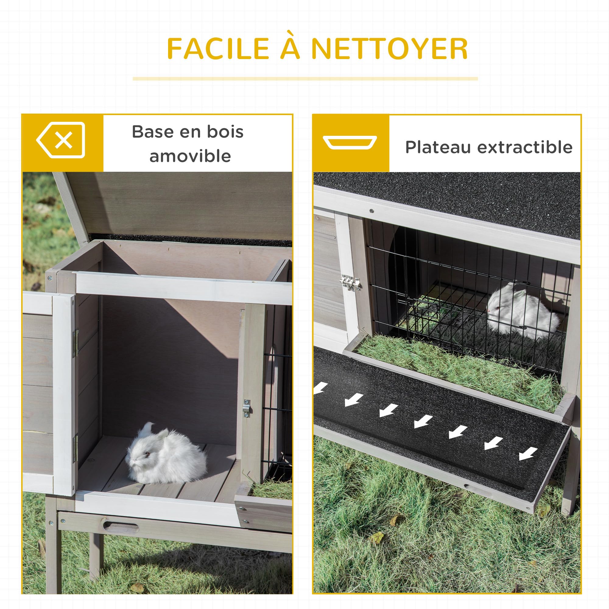 PawHut Clapier en Bois pour Lapin avec Mangeoire 91 x 46 x 71 cm Gris