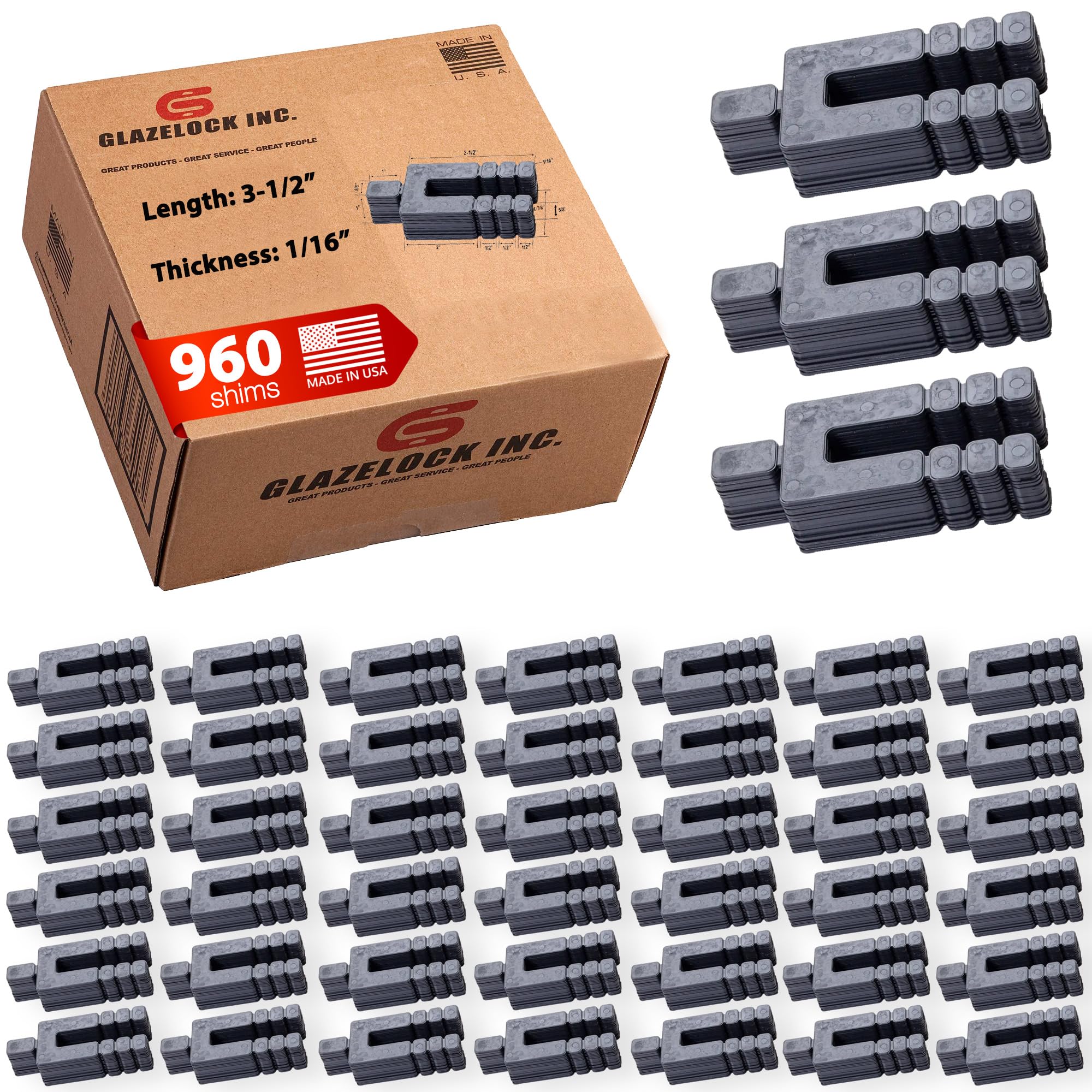 Glazelock Plastic Peel Away Stackable Shims for Leveling 960 Pieces (3-1/2” Length – 1/16” Thickness) U Shape 5/8” Bolt Hole Tile Shims Spacers to