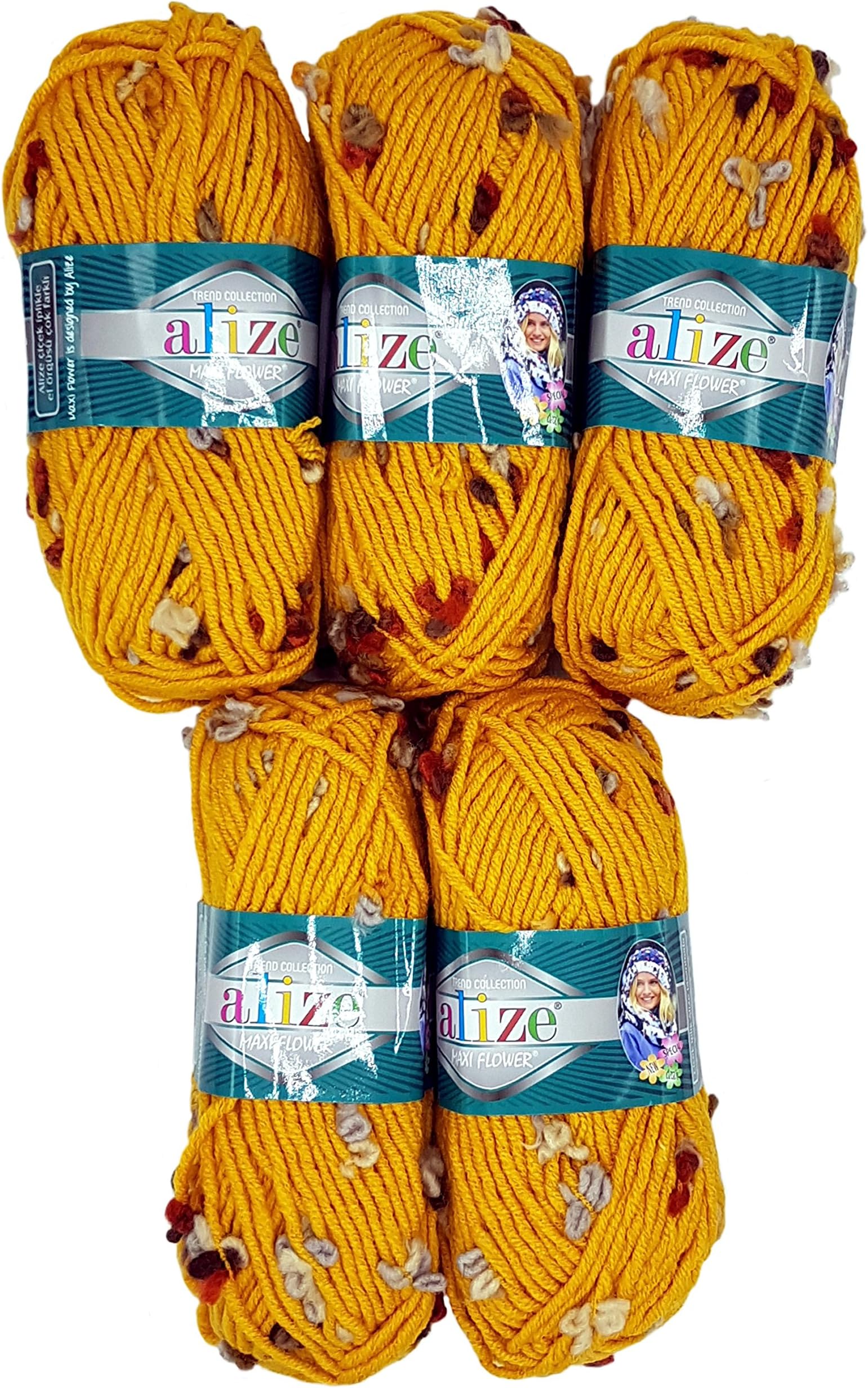 5 x 100 Grams Alize Maxi Flower Wool with Colour 500 Gram Effect - yellow