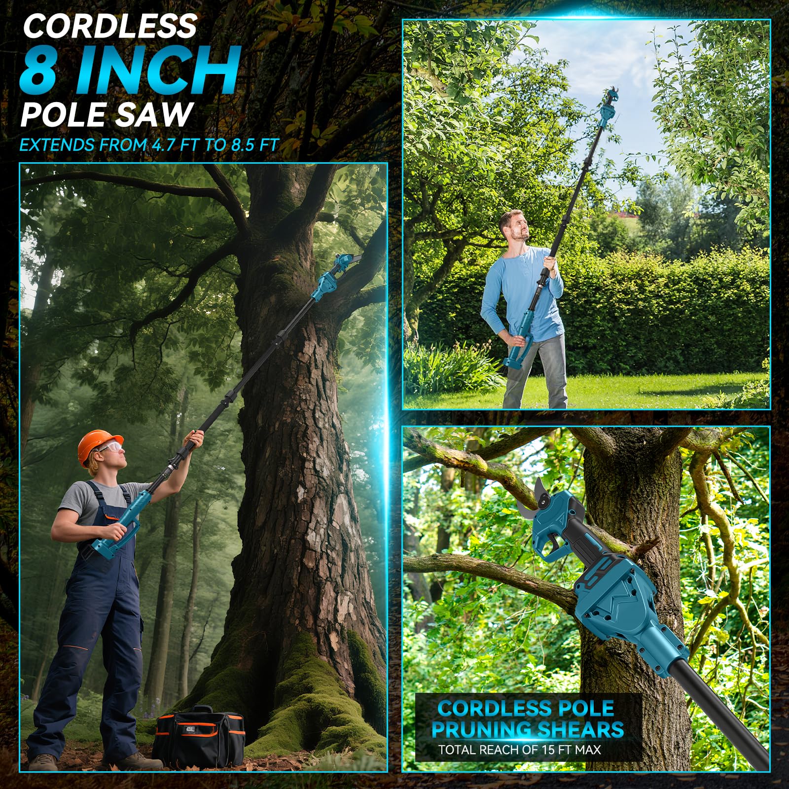 Mini Motosega 8 Pollici con Prolunga + Cesoie Elettriche 30 mm Compatibile con Batteria Makita 18V, Set Attrezzi da Giardino 4 in 1 Portata Massima 4,57 m per Potatura Alberi (Senza Batteria)