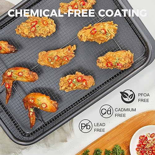 Miniatura 6 de HONGBAKE Sartén de aire con cesta para horno, juegos de utensilios para hornear antiadherentes, bandeja para freír con bandeja para hornear, borde