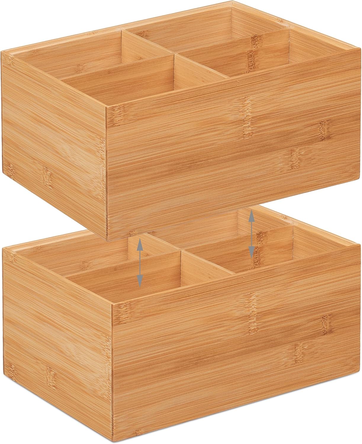 Relaxdays Storage Box, 4 Compartments, Stackable, Dimensions H x W x D: 14 x 30 x 20 cm, Bamboo, Natural