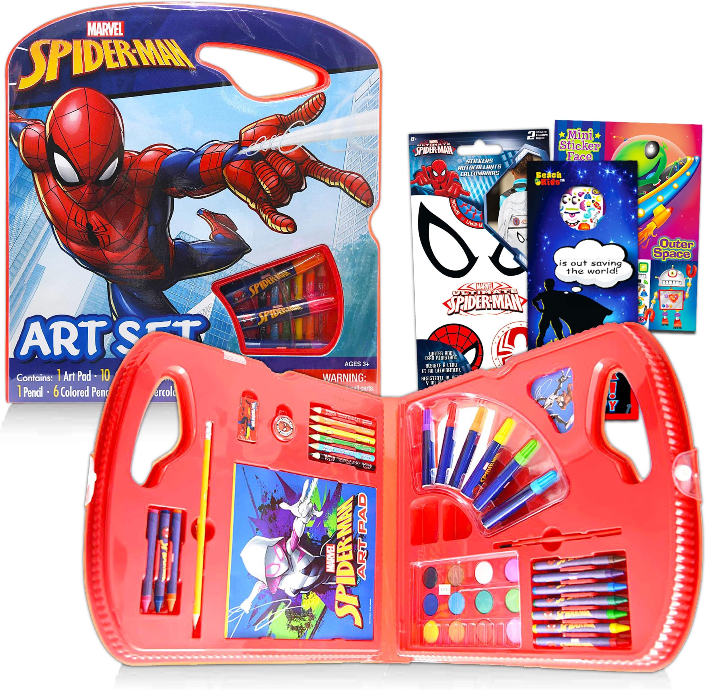 Spider-Man Art Set Bundle ~ 40 Pc Superhero Art Kit with Spiderman Coloring Utensils, Brushes, Art Pad, Stickers and More! (Spiderman Color Kit)